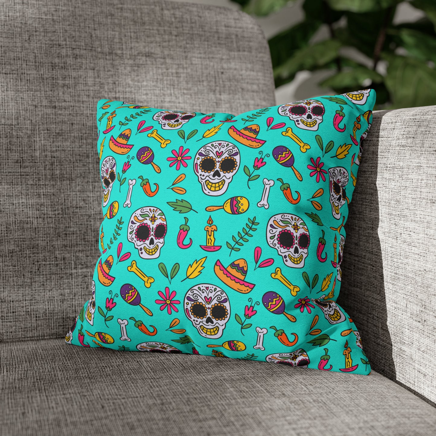 Sugar Skull Pillowcase, Day of the Dead Pillow Cover, Dia de Los Muertos Pillow, Halloween Pillow, Turquoise Decorative Square Pillow 14" × 14" - HolidayShoppingFinds