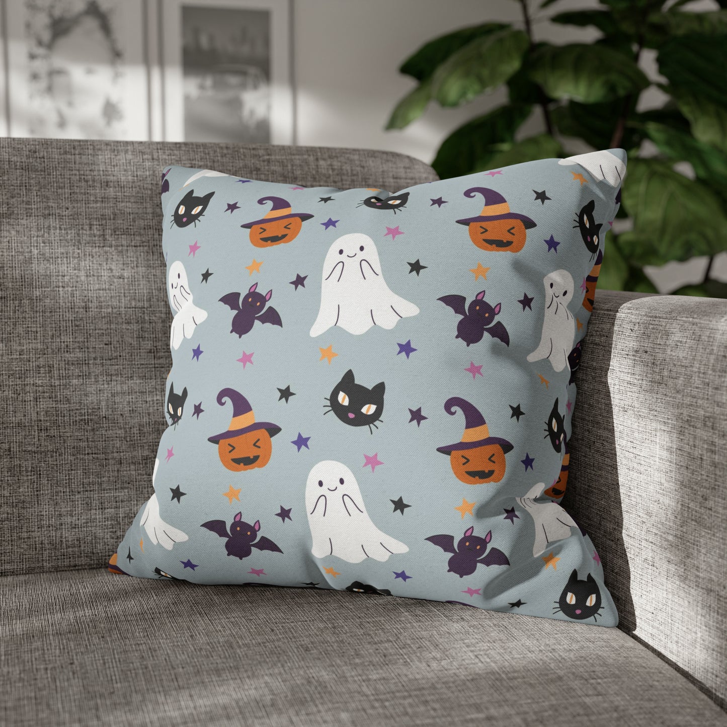 Halloween Spooky Pillowcase, Ghoul Gang Ghost Black Cat Witch Hat Pillow Cover Gray - HolidayShoppingFinds