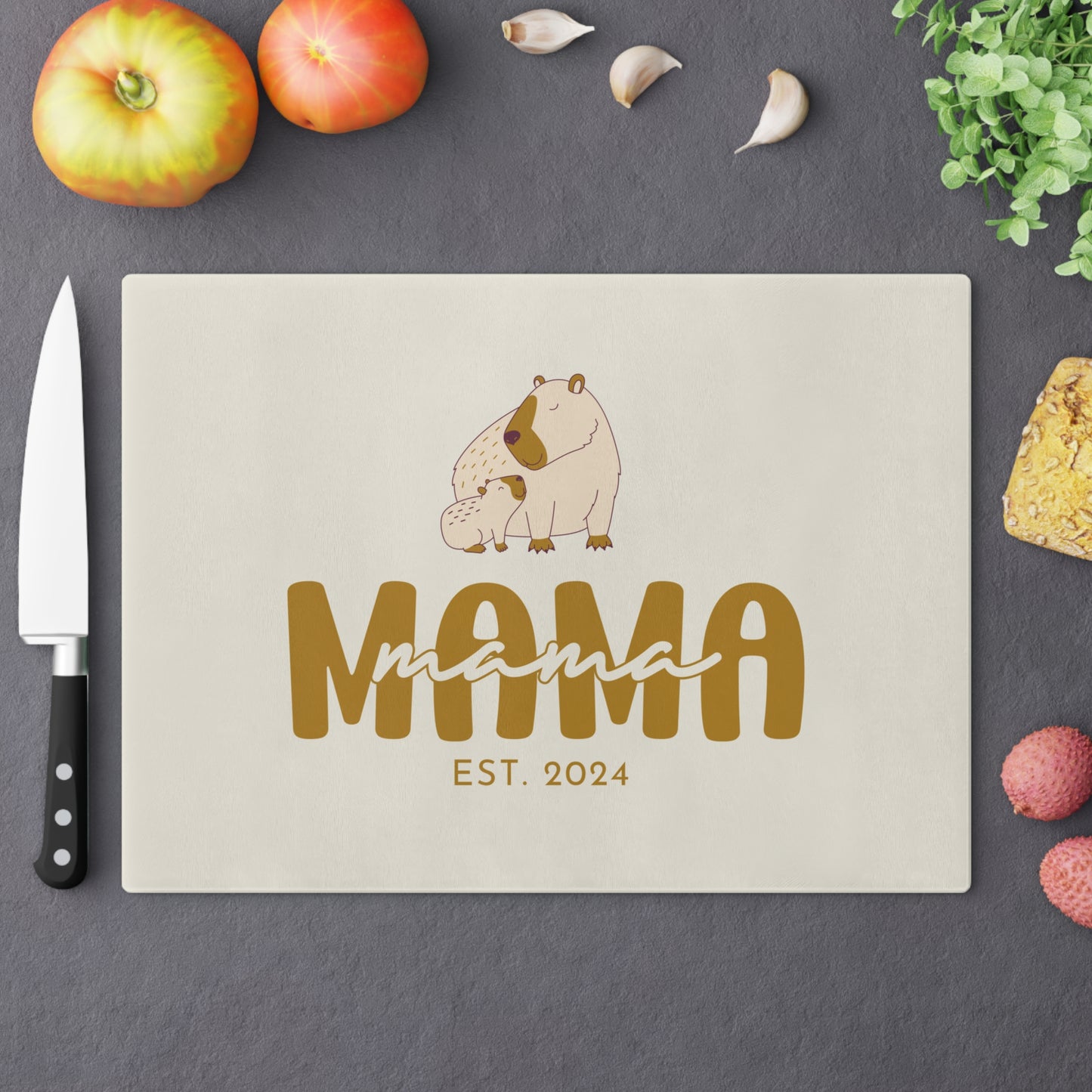 Personalized Mama Capybara Glass Cutting Board Beige, Gift For Moms - HolidayShoppingFinds