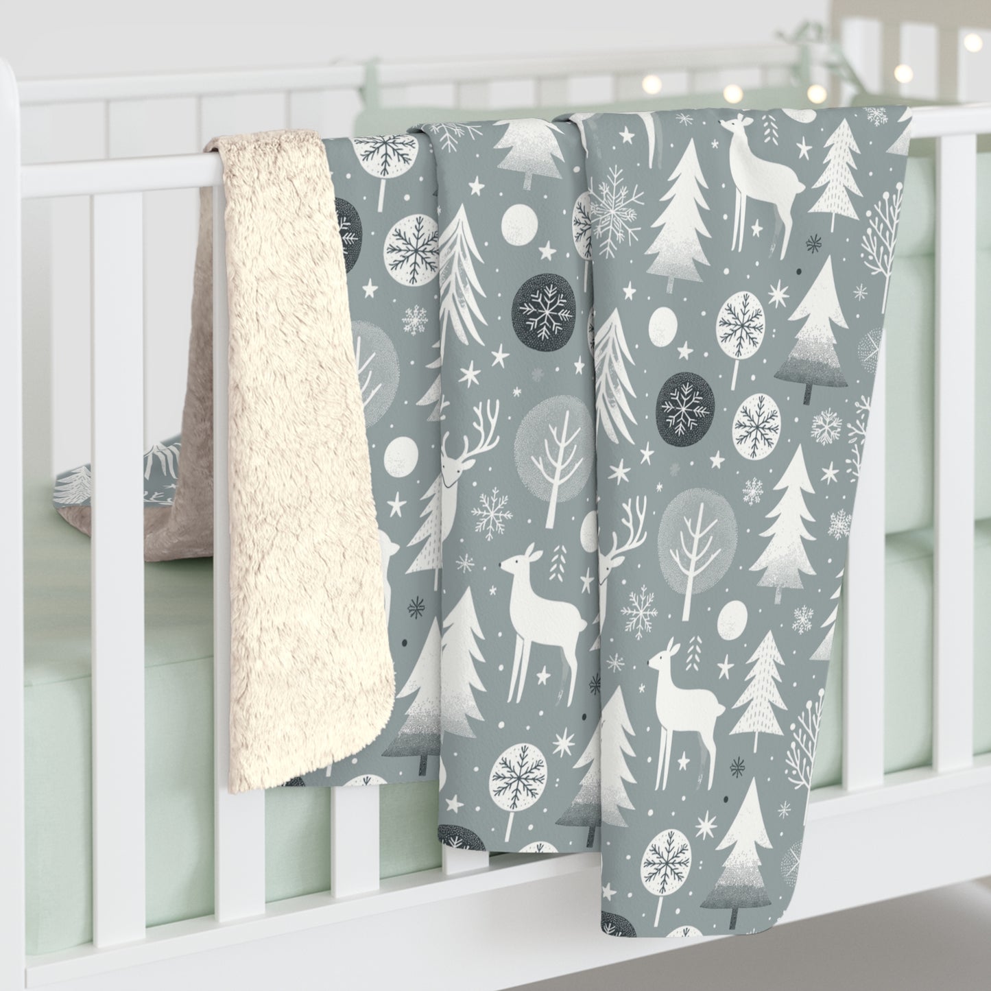 Reindeer Winter Wonderland Blanket, Gray Sherpa Throw, Christmas Gift - HolidayShoppingFinds