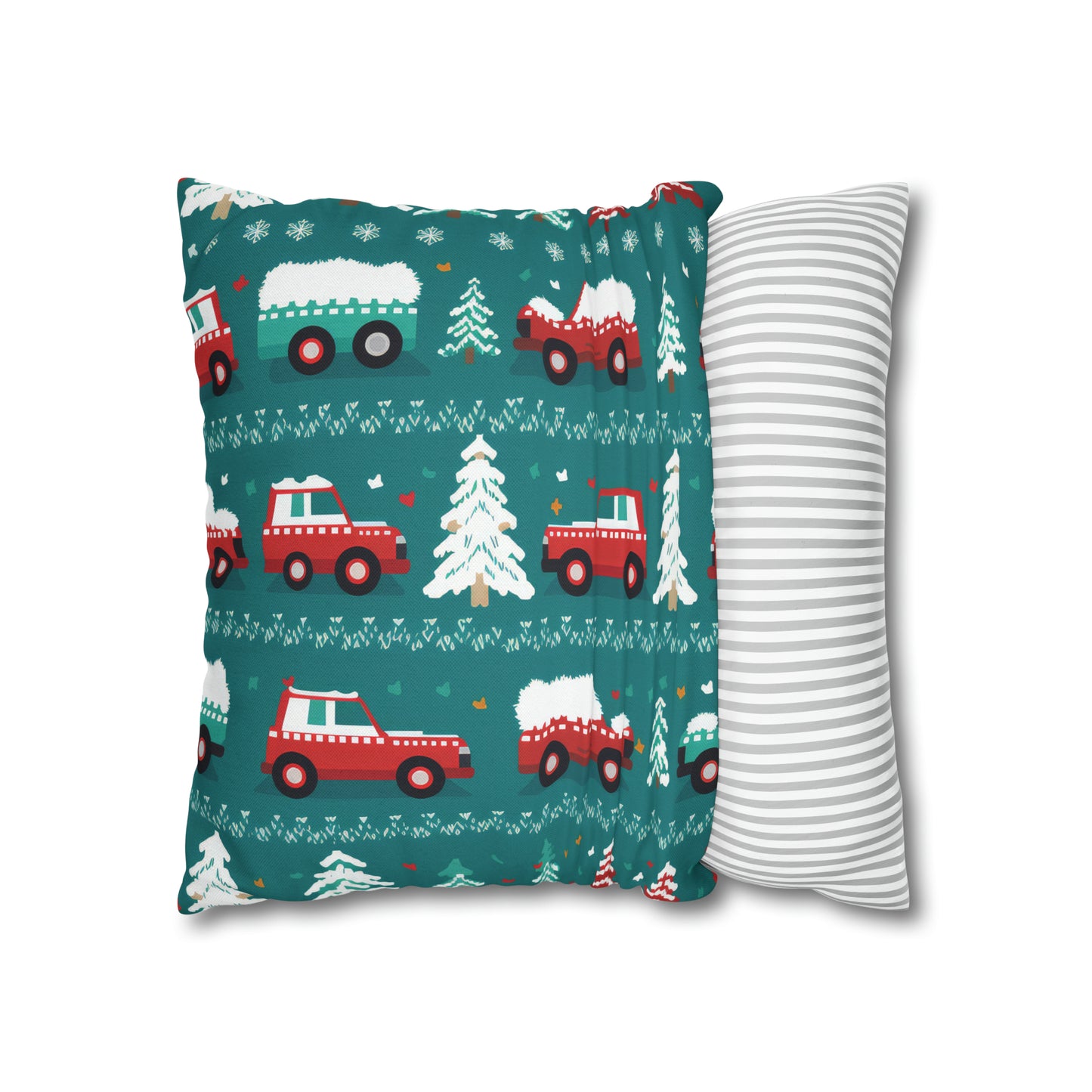 Winter Roadtrip Pillowcase, Snowy Car Teal Pillow Case Cover Vehicle-Themed Cushion Throw - HolidayShoppingFinds