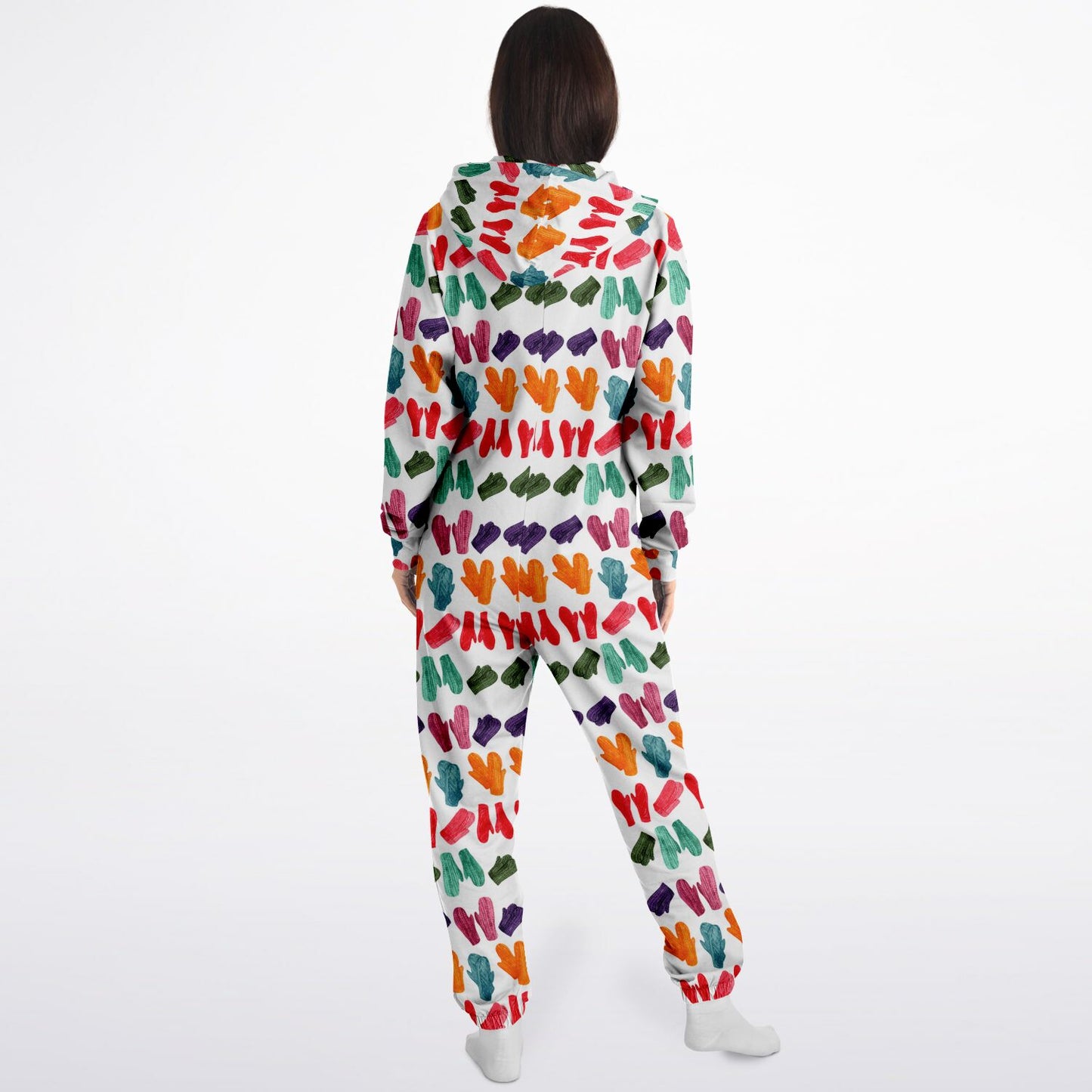 Vintage Colorful Mitten Pattern Adult Jumpsuit White Athletic Onesie Unisex PJ - HolidayShoppingFinds