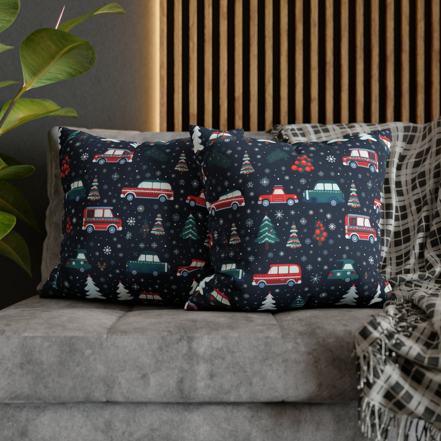 Vanlife Pillow, Camping Holiday Spirit Pillow Case, Cars, Vans & Christmas Trees Décor Blue Pillow Cover, Holiday Gift - HolidayShoppingFinds