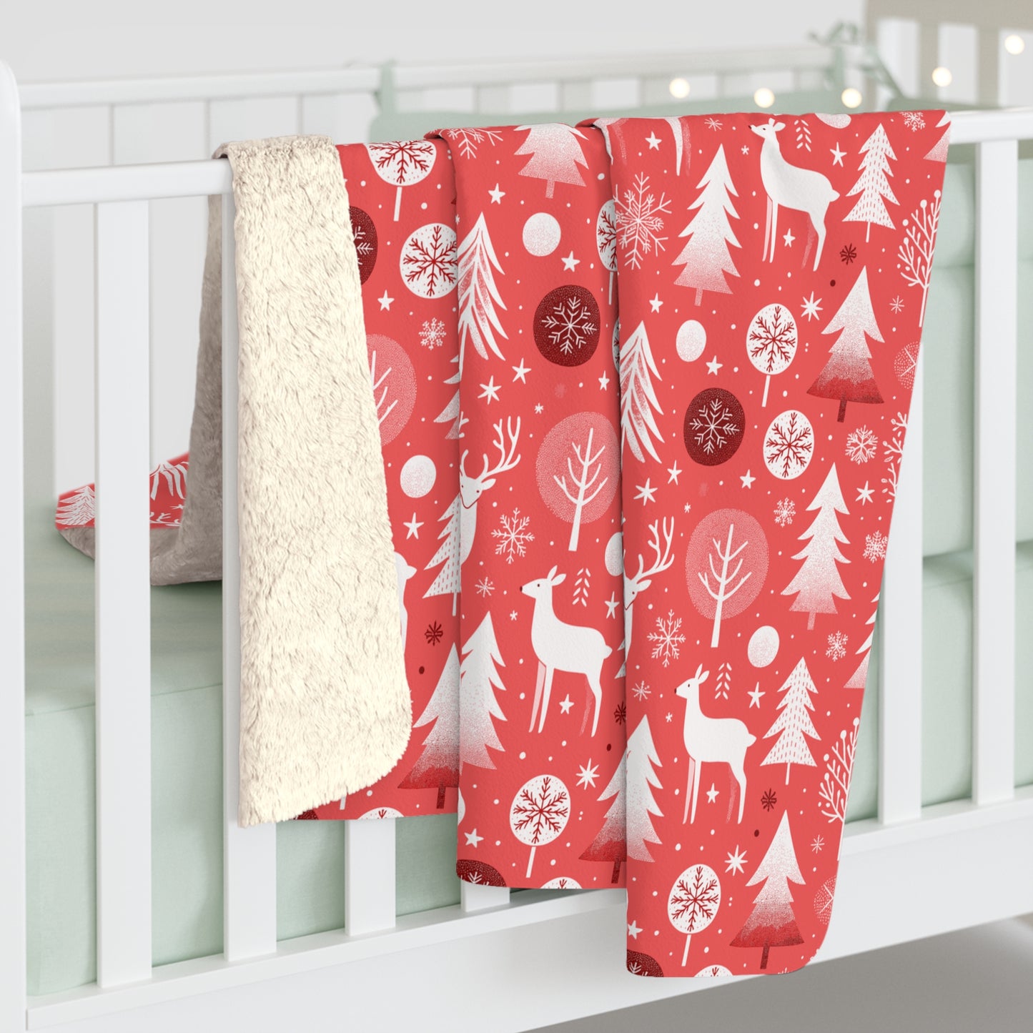 Warm Winter Sherpa Fleece Blanket, Red Throw Blanket, Deer, Trees, Snowflakes Winter Blanket - HolidayShoppingFinds