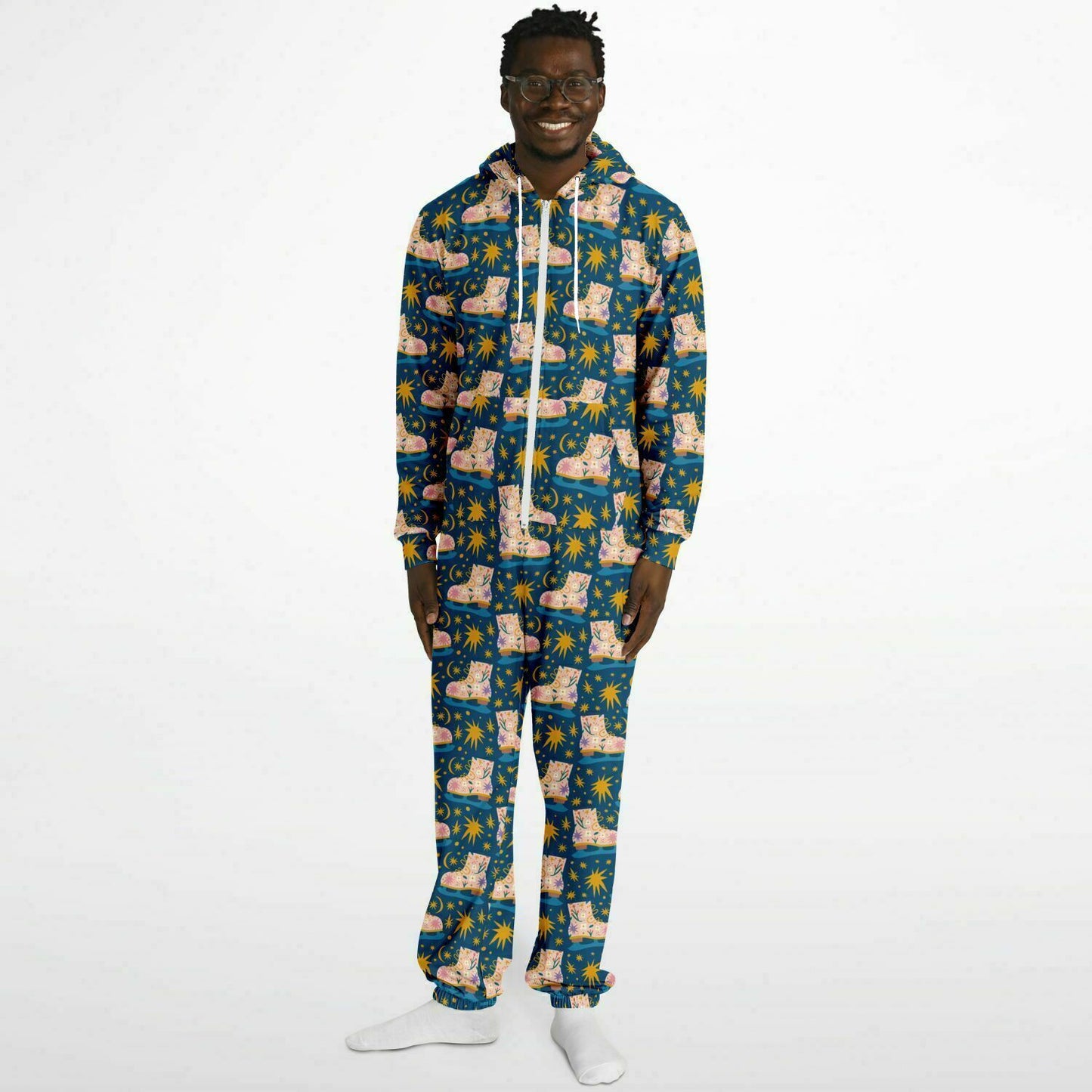 Pink Ice Skates & Yellow Stars Jumpsuit Adult Onesie Gender-Neutral Athletic - HolidayShoppingFinds