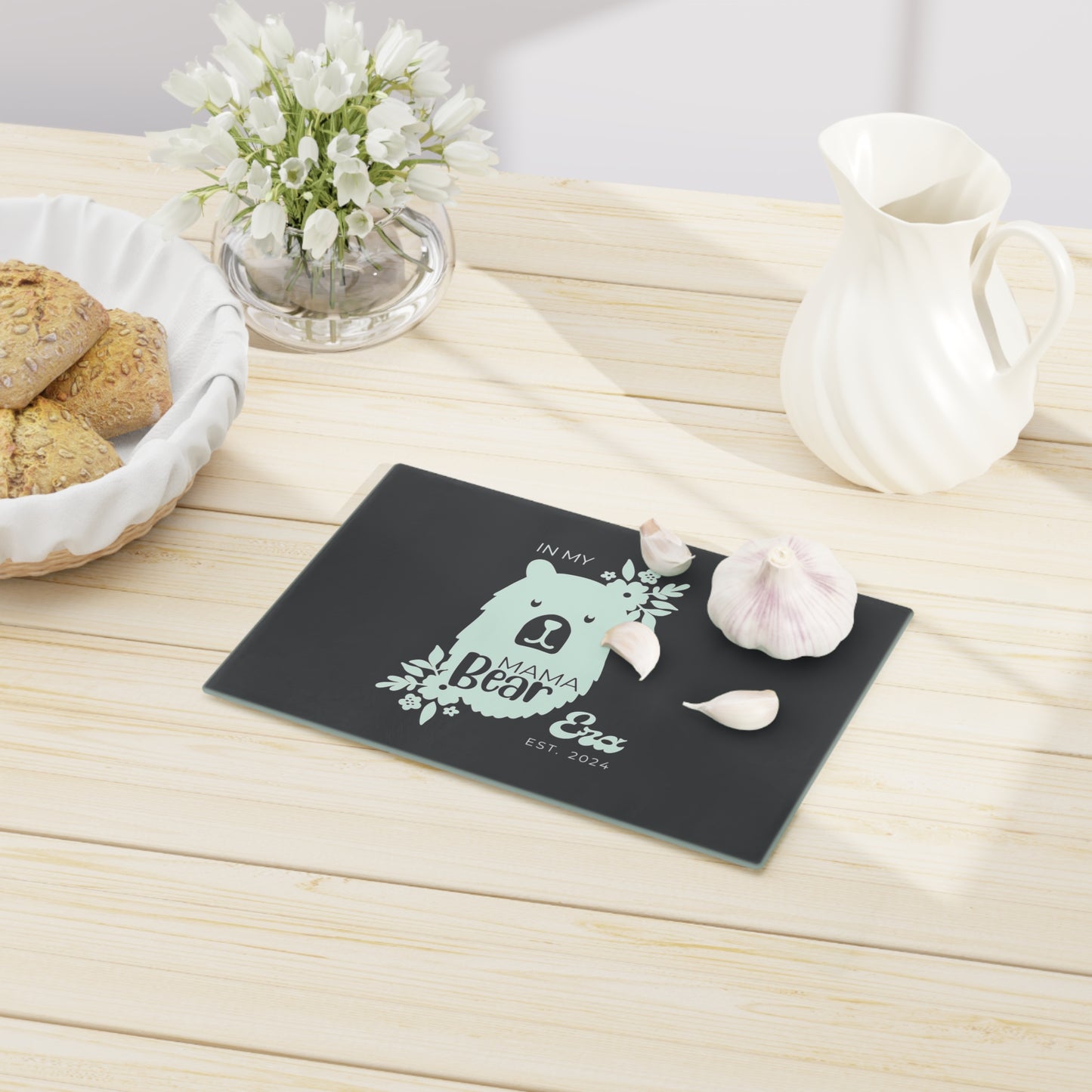 Custom Mama Bear Glass Cutting Board Grey, Kitchen Gift for Mom - HolidayShoppingFinds