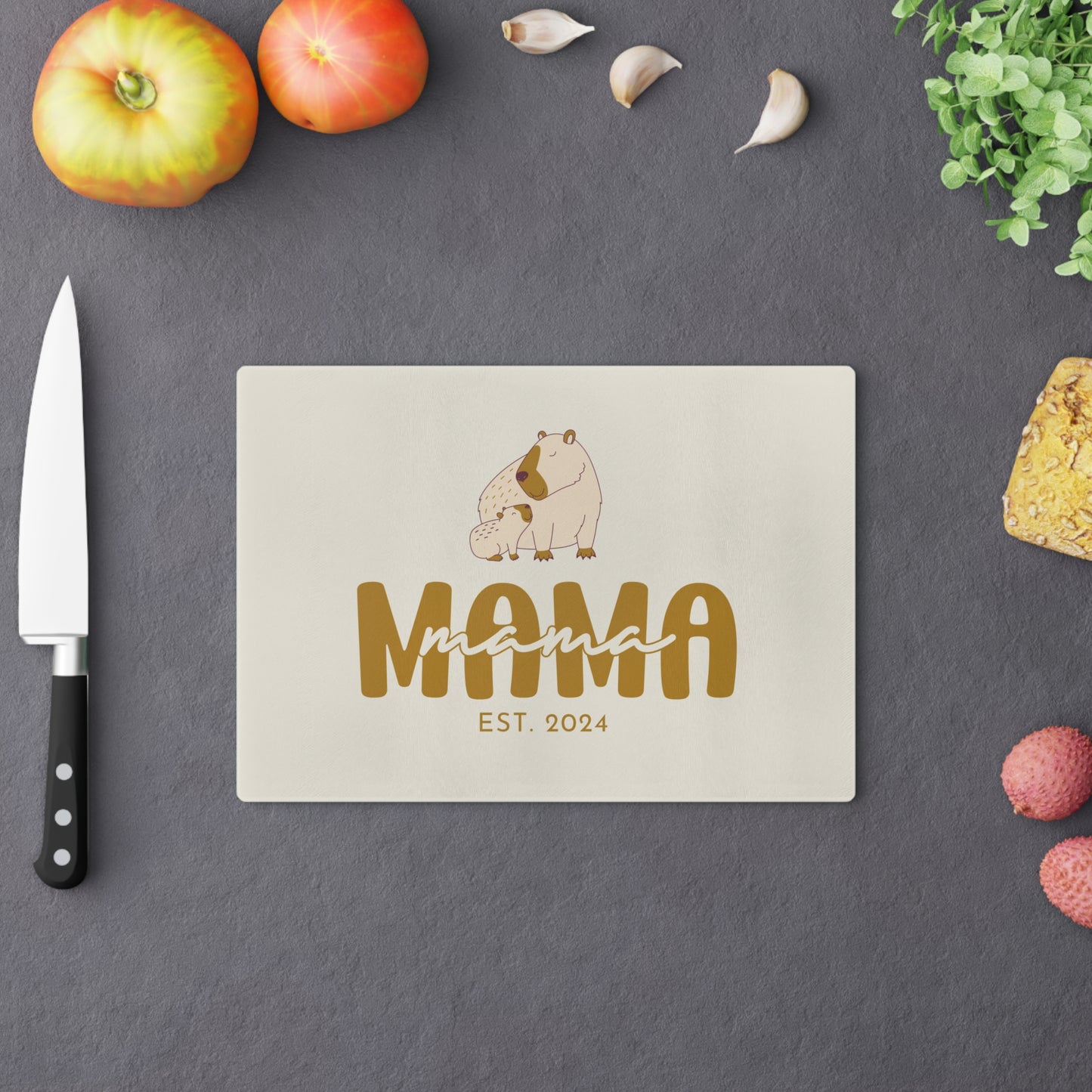 Personalized Mama Capybara Glass Cutting Board Beige, Gift For Moms - HolidayShoppingFinds