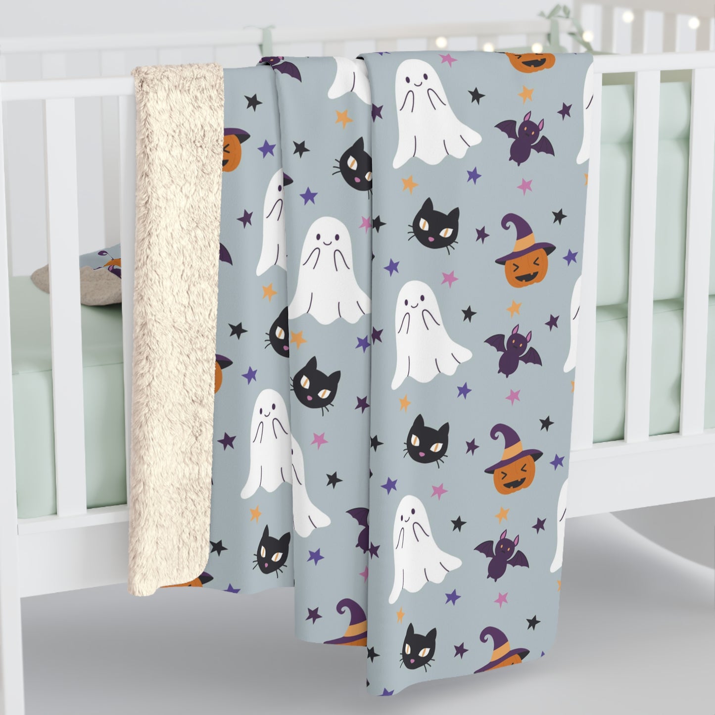 Halloween Sherpa Blanket, Ghoul Gang Ghost Black Cat Witch Hat Fleece Blanket Gray - HolidayShoppingFinds