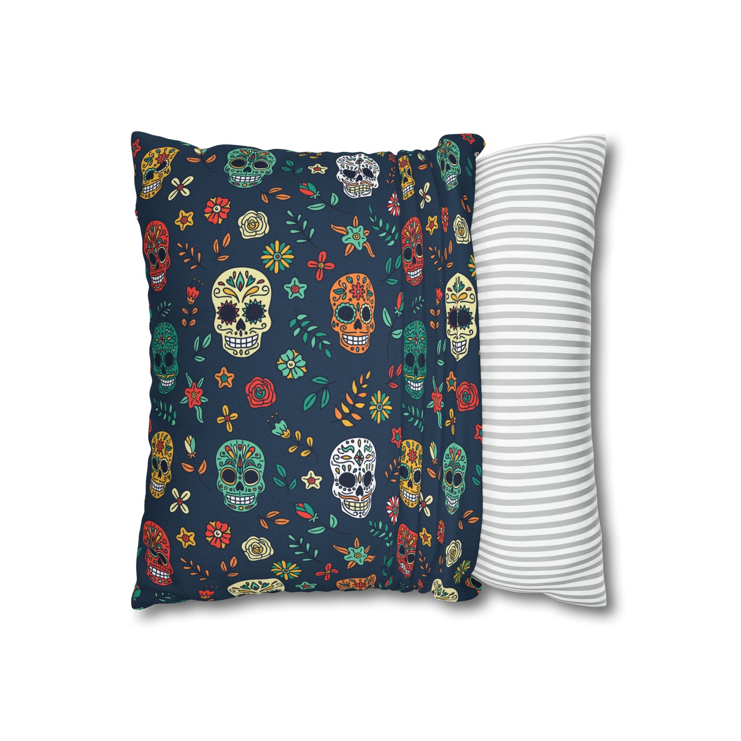 Sugar Skulls Pillowcase, Day of the Dead Pillow, Halloween Accent Blue Pillow Cover, Square Accent Pillow - HolidayShoppingFinds