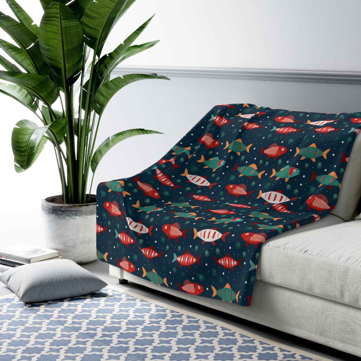 Marine Life Blanket, Fish Print Sherpa Fleece Blanket Blue, Fisherman Fishing Lover Gift, Ocean Throw Blanket, Coastal Home Décor 60" × 80" - HolidayShoppingFinds