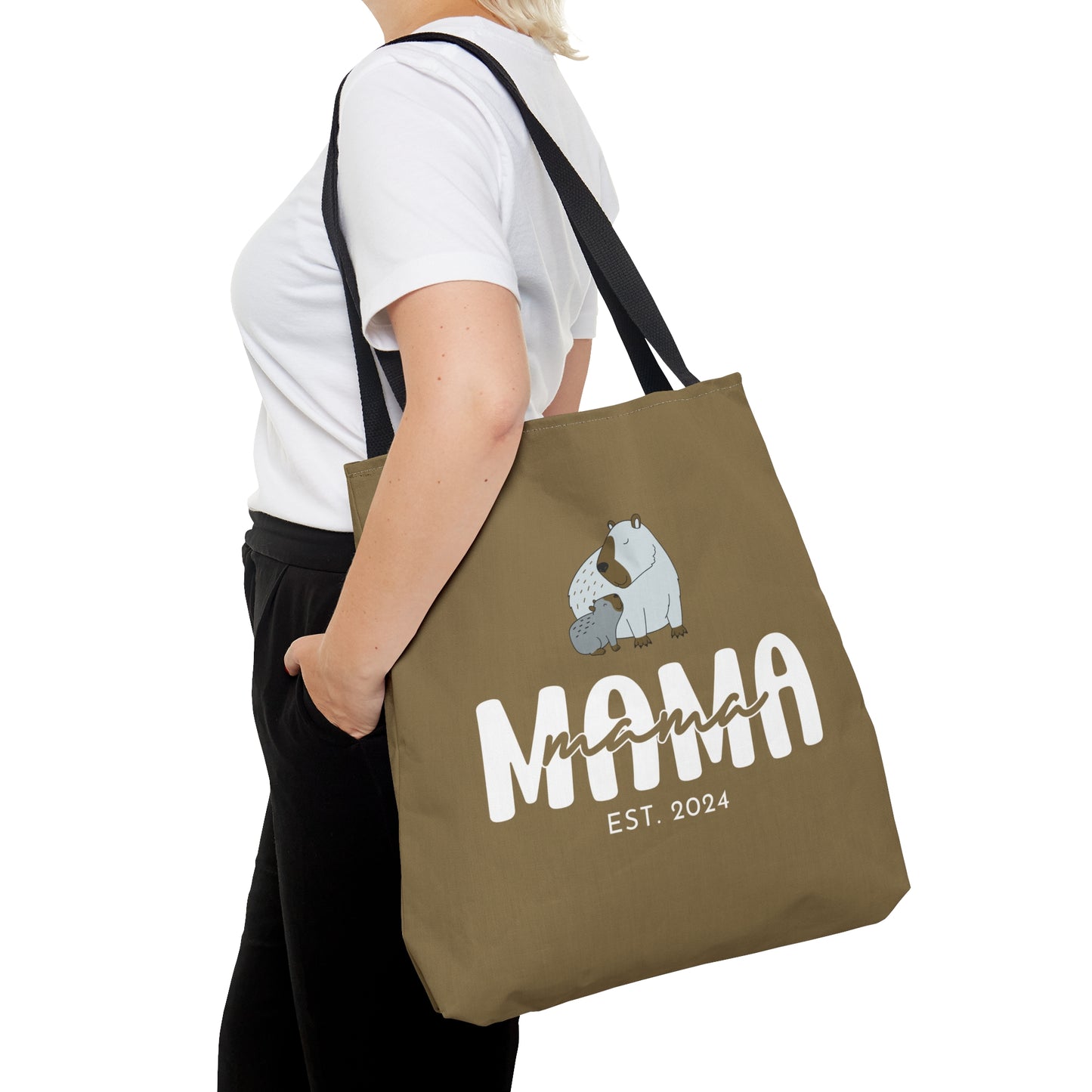 Custom Mama Capybara Tote Bag Khaki, Gift for Mom Custom Tote Bag - HolidayShoppingFinds