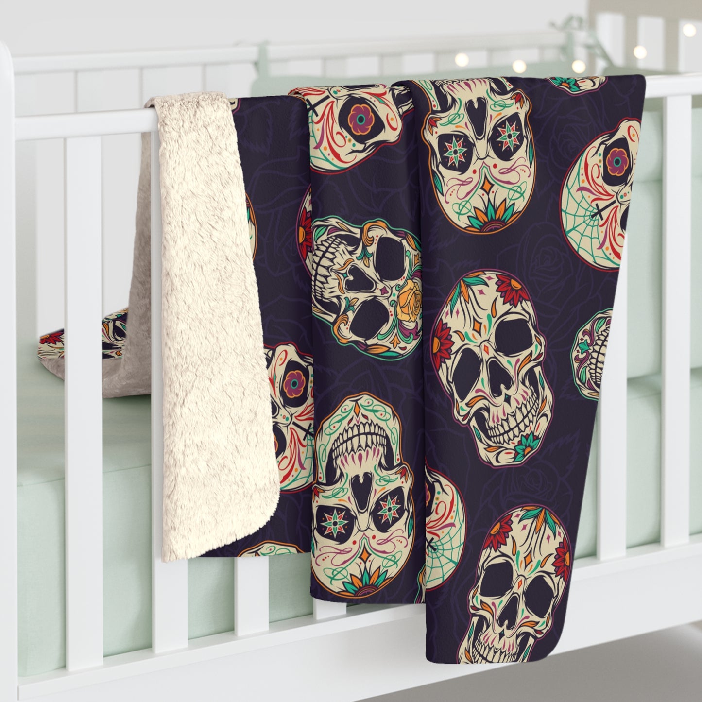 Gothic Sugar Skull Sherpa Fleece Blanket, Day of the Dead Purple Throw Blanket - HolidayShoppingFinds
