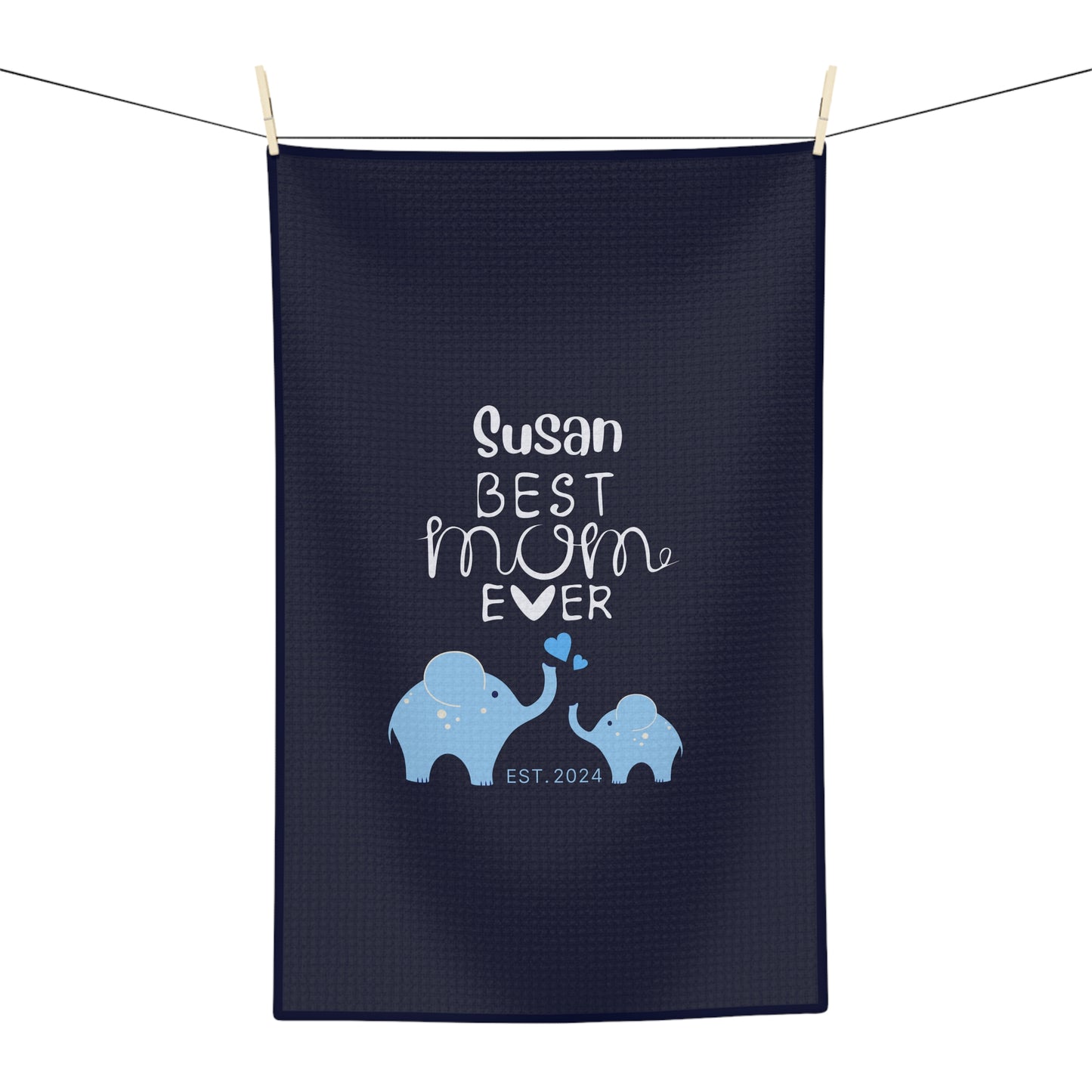 Personalized Best Mom Ever Kitchen Towel Blue, Mom Gift, Baby Elephants Towel - HolidayShoppingFinds