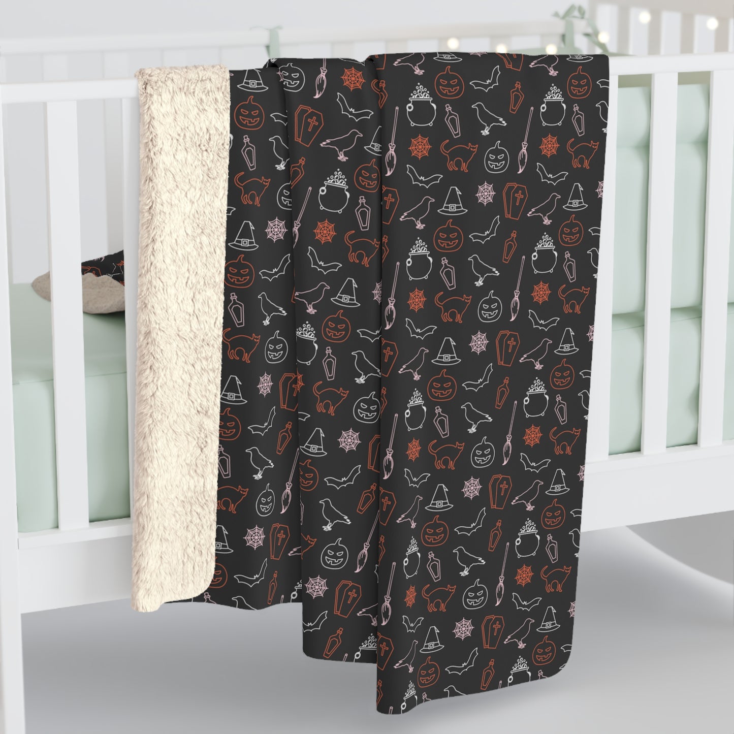 Halloween Sherpa Blanket Spooky Ghost Witch Hat Black Cat Cozy Blanket, Throw Blanket Black, Sofa Blanket - HolidayShoppingFinds