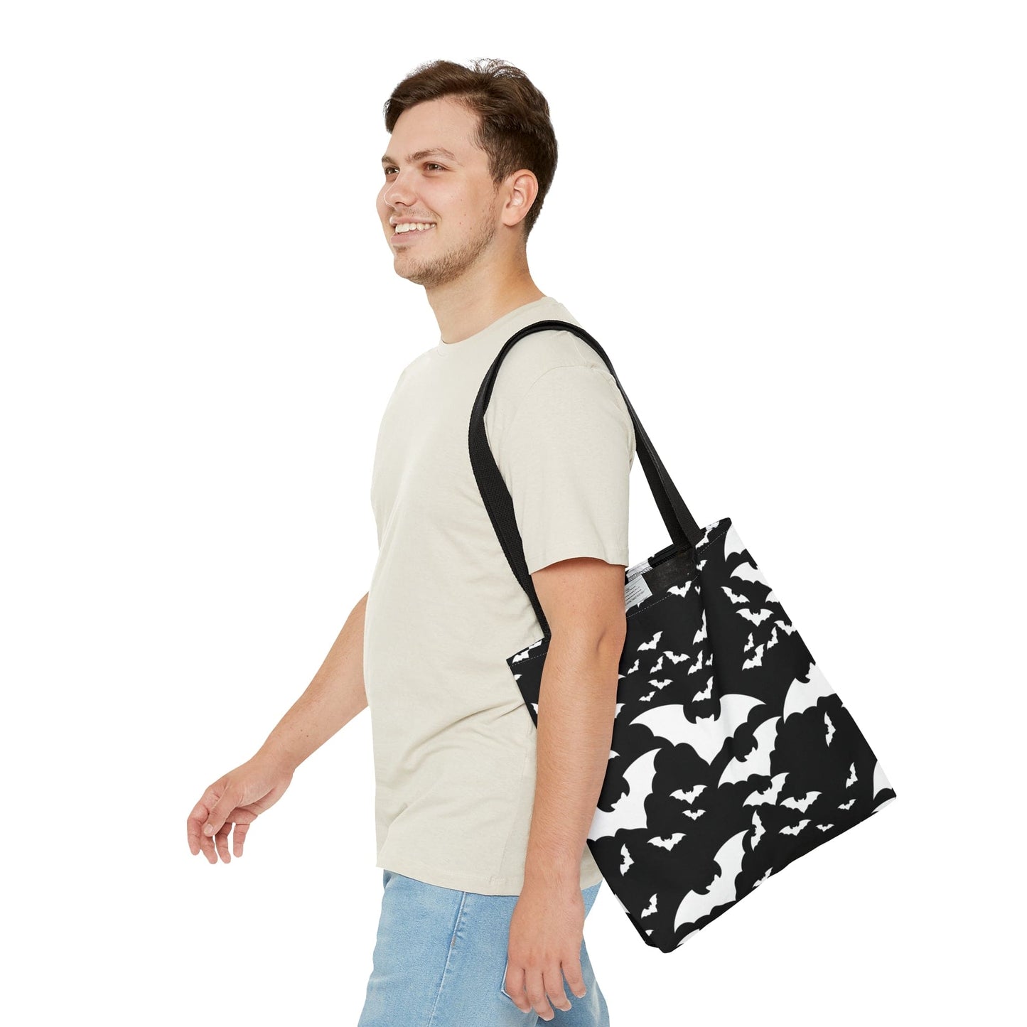 Spooky Bats Black Tote Bag, Halloween Gothic Handbag, Trick or Treat Bag, B&W Bag - HolidayShoppingFinds