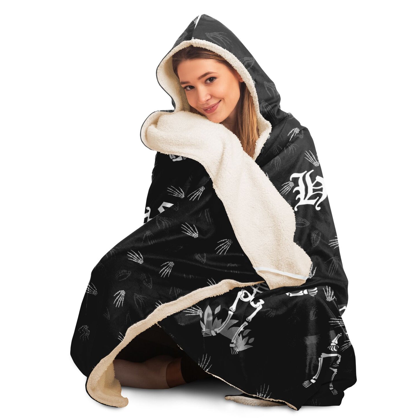 Halloween Happy Haunted House Spooky Skeletons over Bones Pattern Hooded Blanket - HolidayShoppingFinds