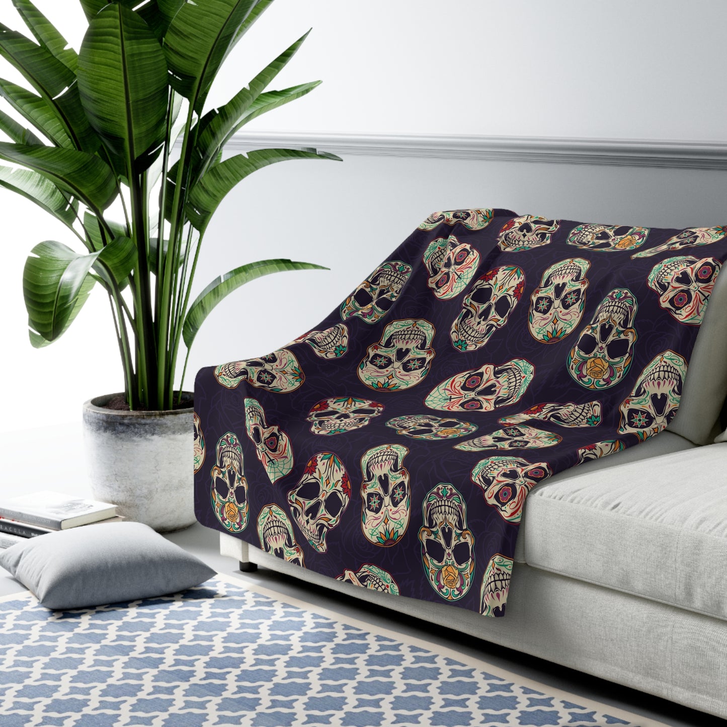 Gothic Sugar Skull Sherpa Fleece Blanket, Day of the Dead Purple Throw Blanket 60" × 80" - HolidayShoppingFinds