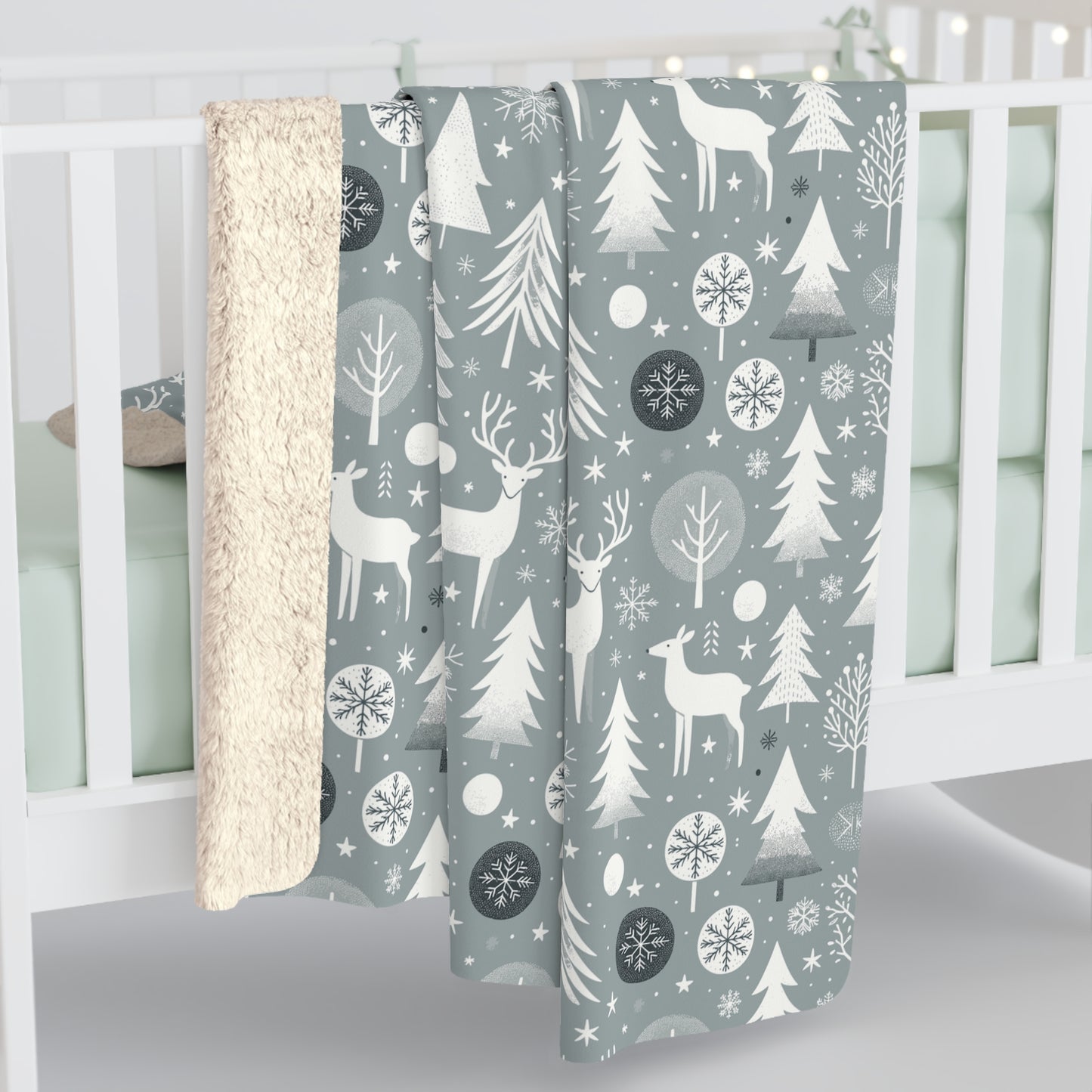 Reindeer Winter Wonderland Blanket, Gray Sherpa Throw, Christmas Gift - HolidayShoppingFinds