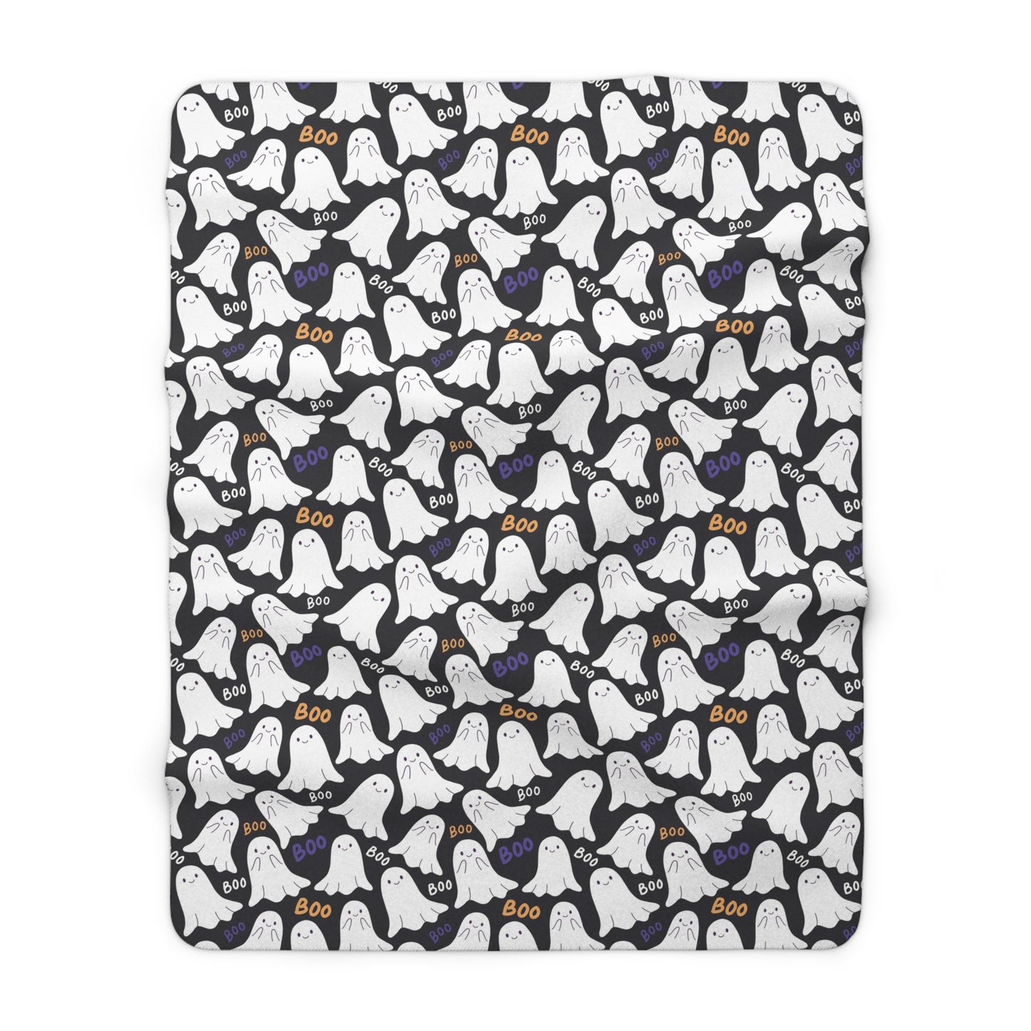 BOO Ghost Sherpa Blanket, Halloween Ghostly Throw Blanket, Black Fleece Blanket, Cozy Sofa Blanket - HolidayShoppingFinds