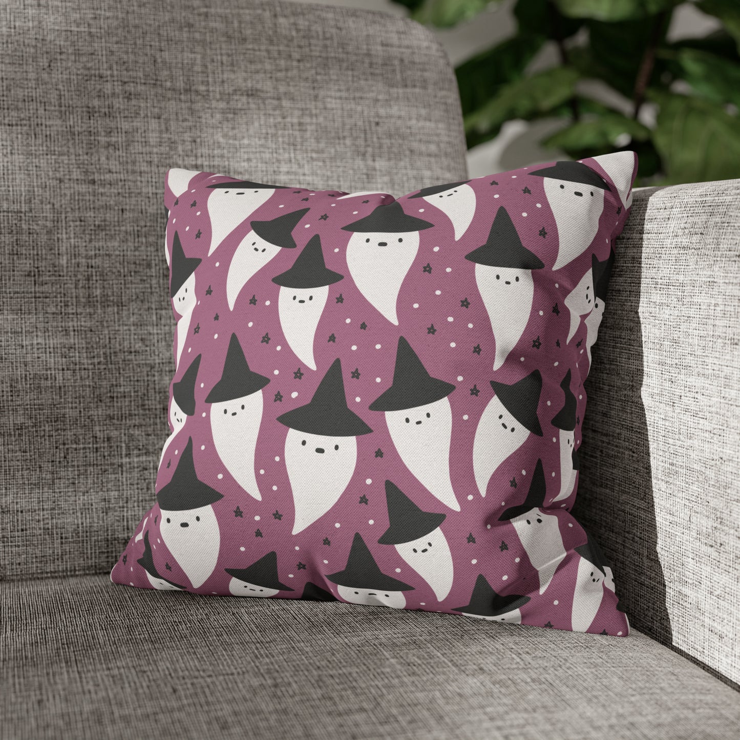 Whimsical Pillowcase, Spooky Ghosts Halloween Purple Pillow Cover, Square Accent Pillow Case 14" × 14" - HolidayShoppingFinds
