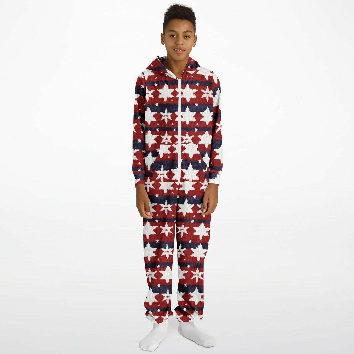Americana Knitted Pattern Teens Onesie, Kids Patriotic Athletic Jumpsuit Red White & Blue - HolidayShoppingFinds
