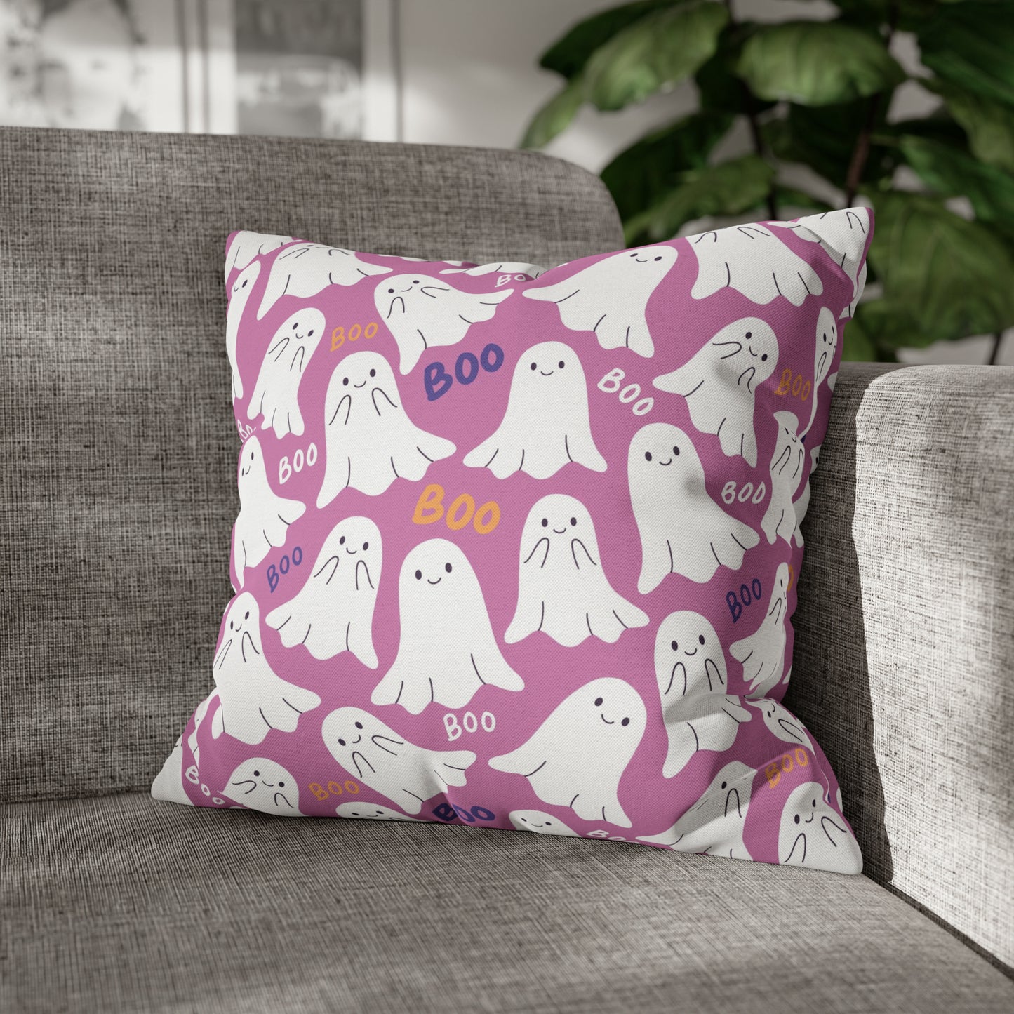 BOO Ghost Decorative Pillowcase Halloween Spooky Ghost Pillow Cover, Pink Square Pillow, 2-Sided Pillow Cover - HolidayShoppingFinds