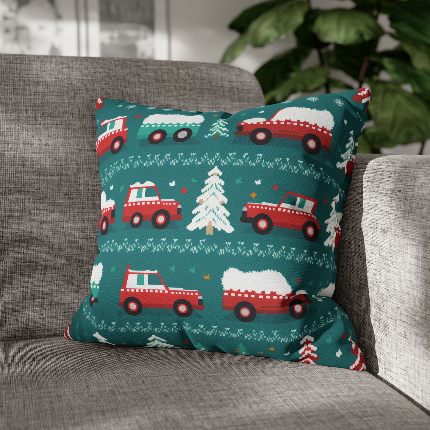 Winter Roadtrip Pillowcase, Snowy Car Teal Pillow Case Cover Vehicle-Themed Cushion Throw 18" × 18" - HolidayShoppingFinds