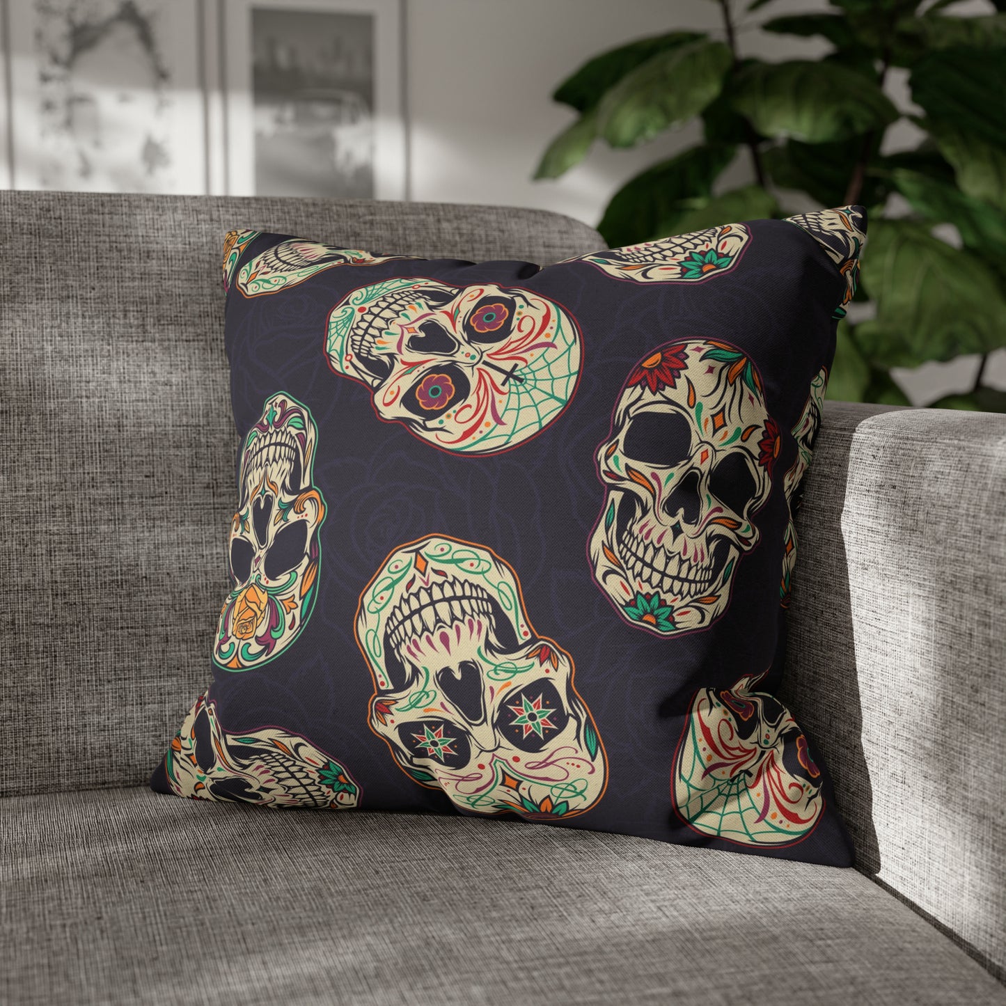Sugar Skull Pillowcase, Day of the Dead Dia De Los Muertos Purple Pillow, Square 2-Sided Accent Pillow Cover 20" × 20" - HolidayShoppingFinds