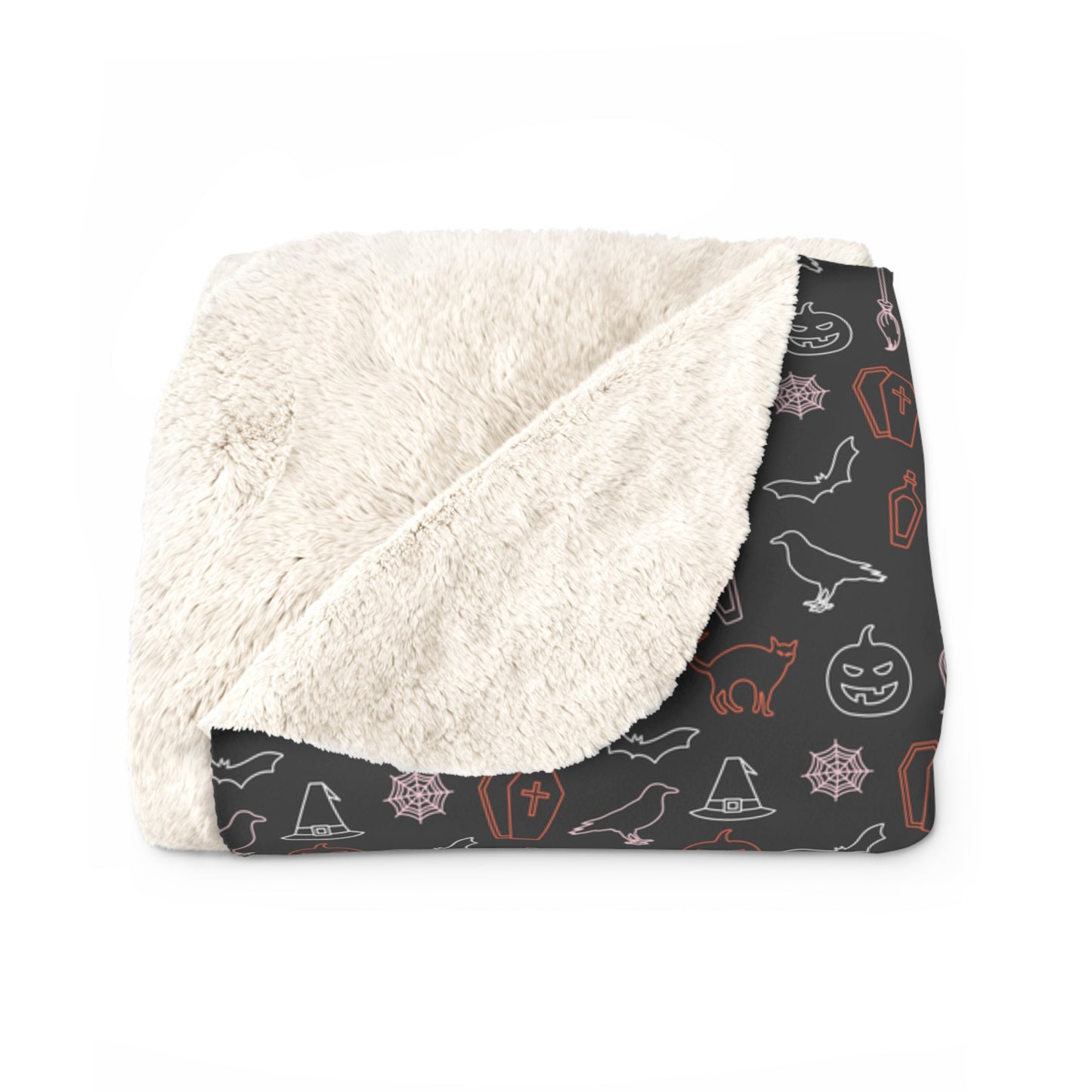 Halloween Sherpa Blanket Spooky Ghost Witch Hat Black Cat Cozy Blanket, Throw Blanket Black, Sofa Blanket - HolidayShoppingFinds