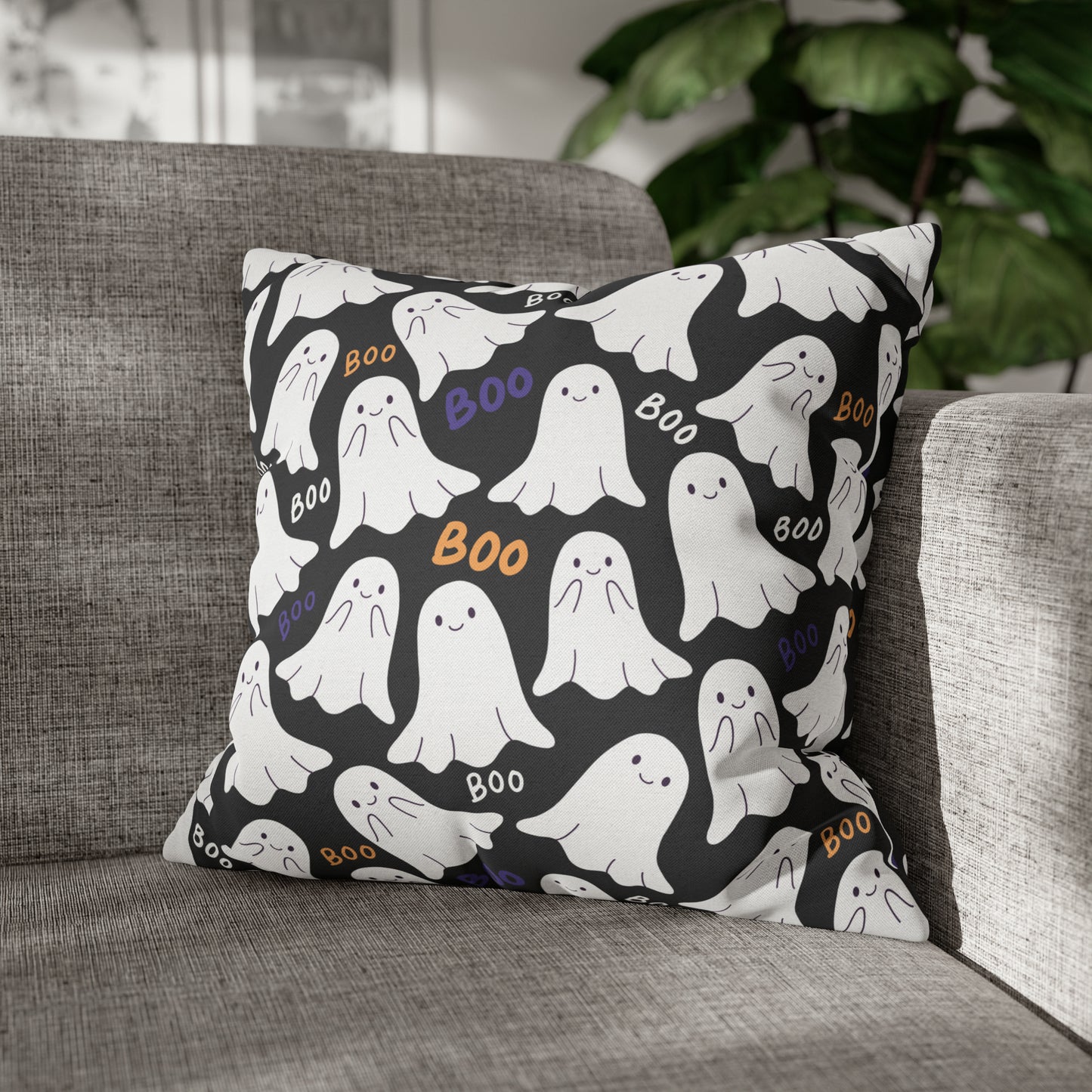 BOO Ghost Decorative Pillowcase Halloween Ghost Spooky Sofa Pillow B&W 18" × 18" - HolidayShoppingFinds