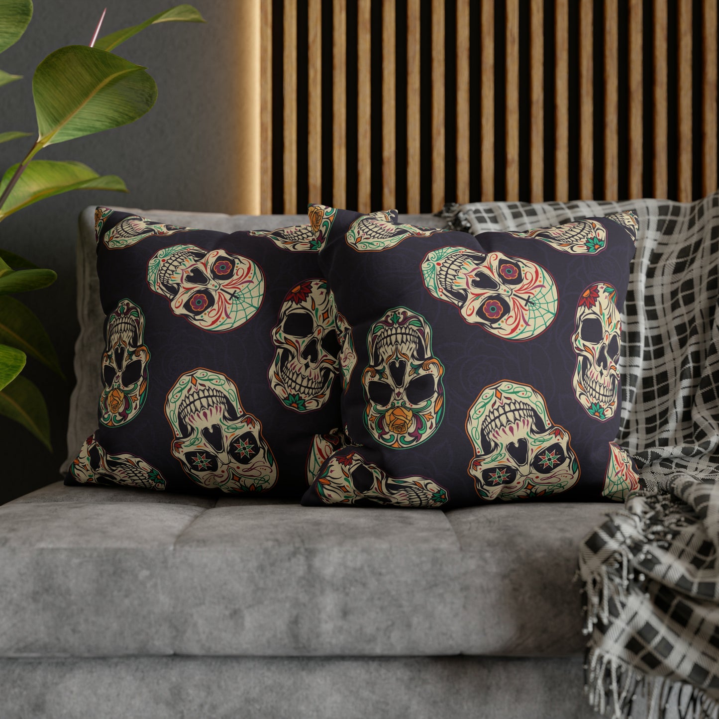 Sugar Skull Pillowcase, Day of the Dead Dia De Los Muertos Purple Pillow, Square 2-Sided Accent Pillow Cover - HolidayShoppingFinds