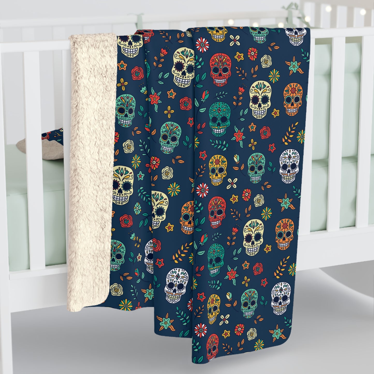 Sugar Skull Sherpa Blanket, Day of the Dead Halloween Blanket, Blue Throw Blanket, Cozy Sofa Blanket - HolidayShoppingFinds