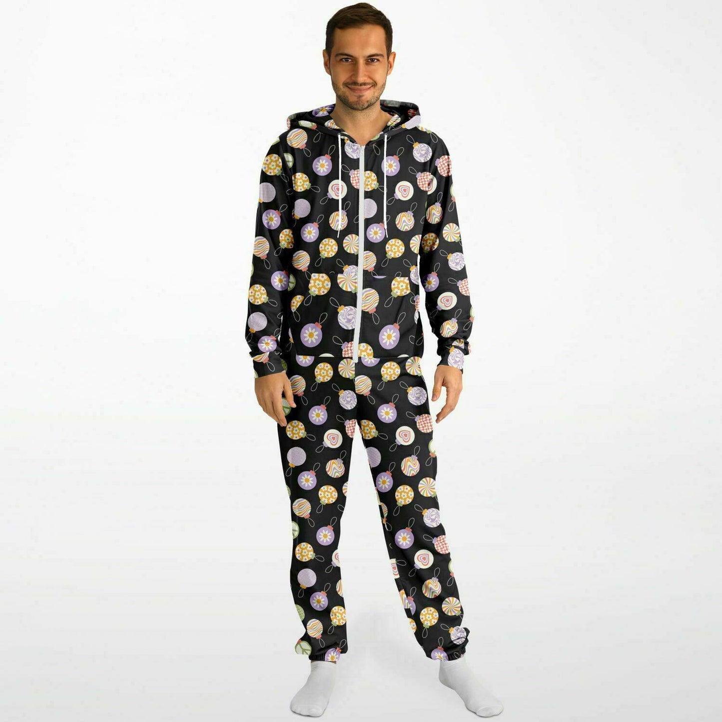 Colorful Christmas Ornaments Black Jumpsuit Adult Onesie Gender-Neutral Athletic - HolidayShoppingFinds
