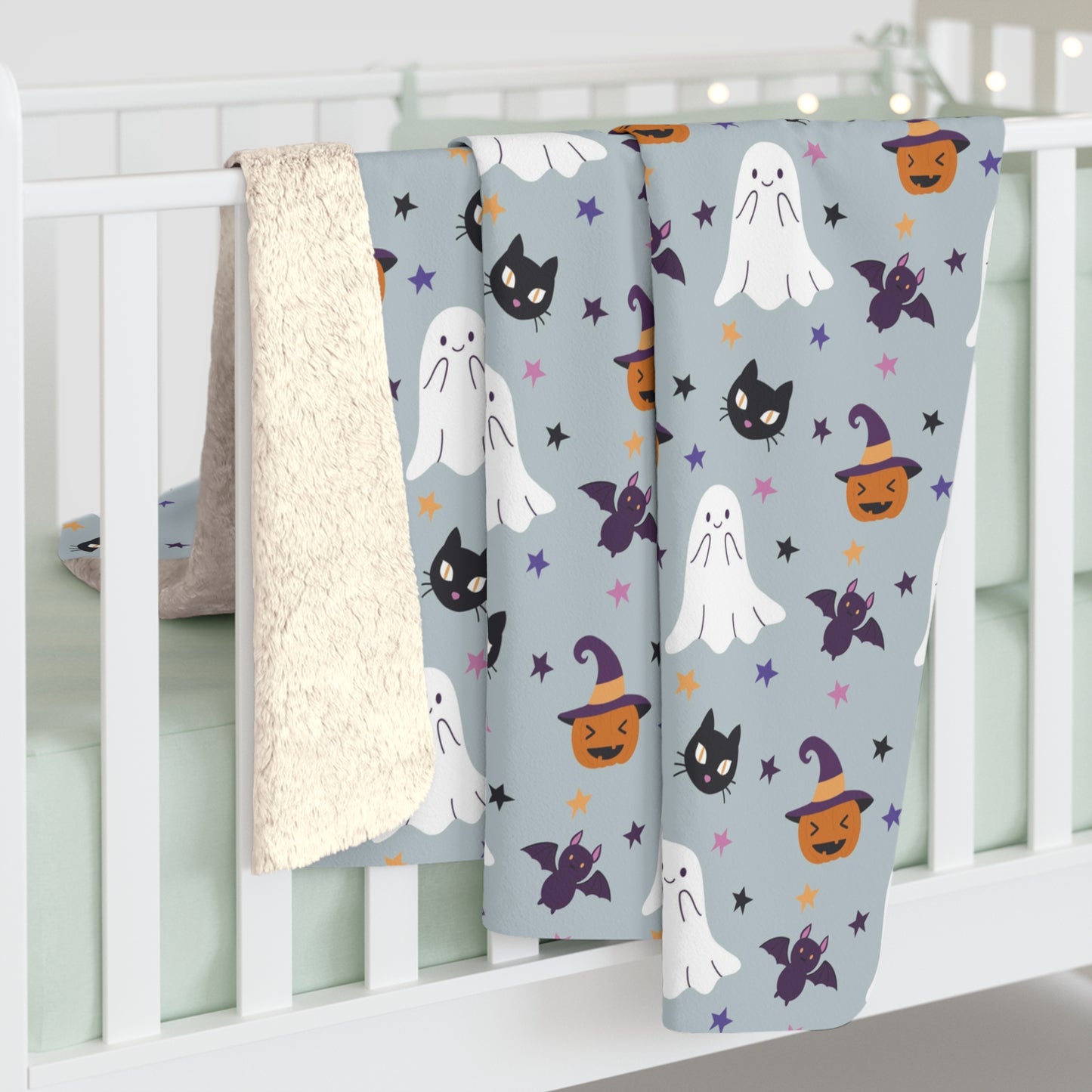Halloween Sherpa Blanket, Ghoul Gang Ghost Black Cat Witch Hat Fleece Blanket Gray - HolidayShoppingFinds