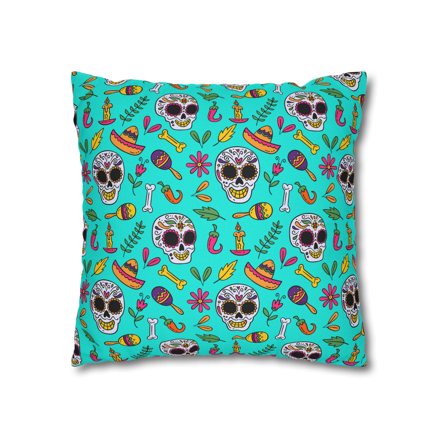 Sugar Skull Pillowcase, Day of the Dead Pillow Cover, Dia de Los Muertos Pillow, Halloween Pillow, Turquoise Decorative Square Pillow - HolidayShoppingFinds
