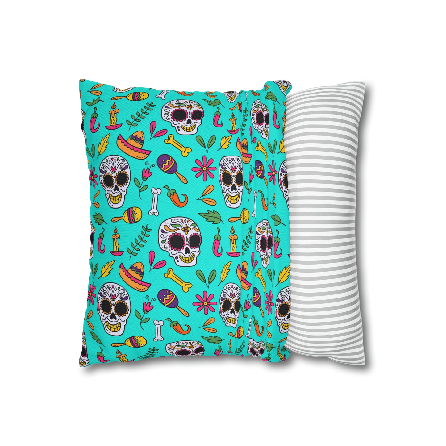 Sugar Skull Pillowcase, Day of the Dead Pillow Cover, Dia de Los Muertos Pillow, Halloween Pillow, Turquoise Decorative Square Pillow - HolidayShoppingFinds