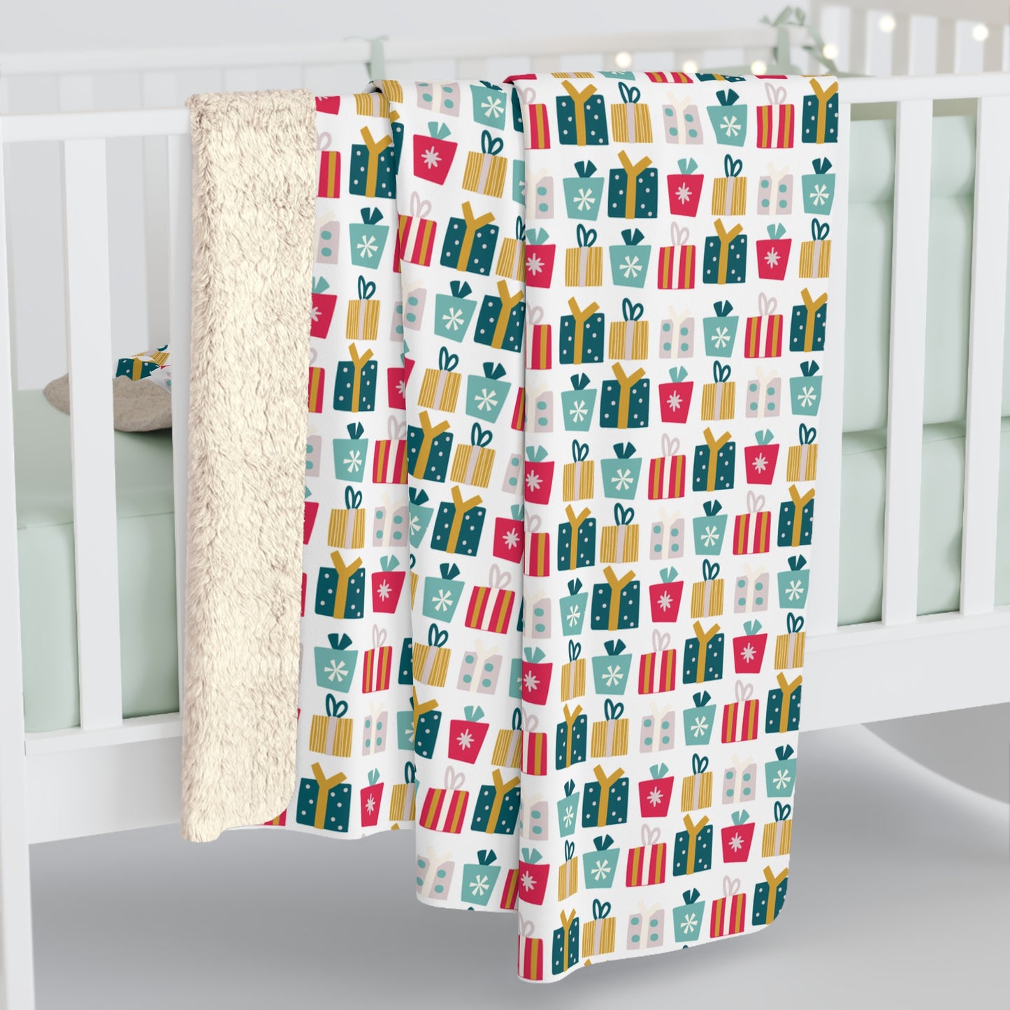 Gift Galore: Colorful Presents on White Sherpa Fleece Blanket - HolidayShoppingFinds