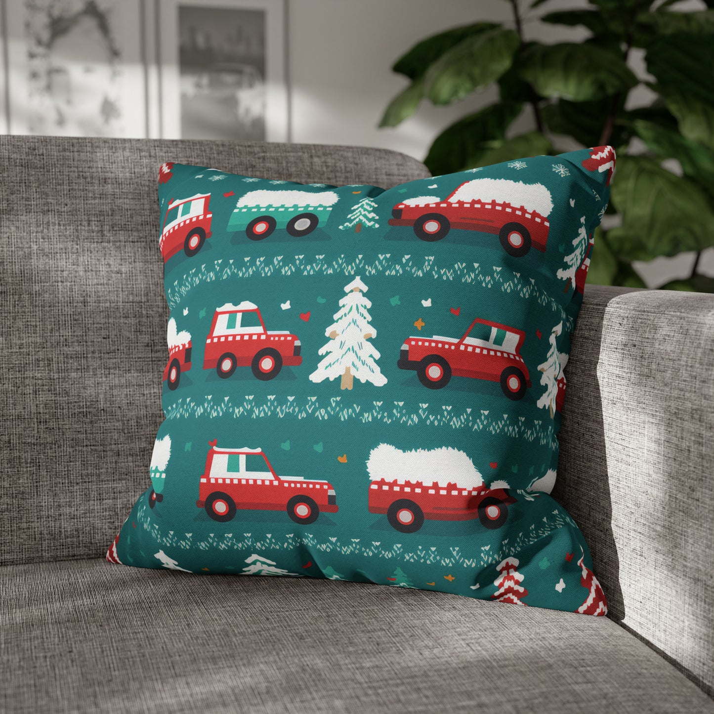 Winter Roadtrip Pillowcase, Snowy Car Teal Pillow Case Cover Vehicle-Themed Cushion Throw 20" × 20" - HolidayShoppingFinds