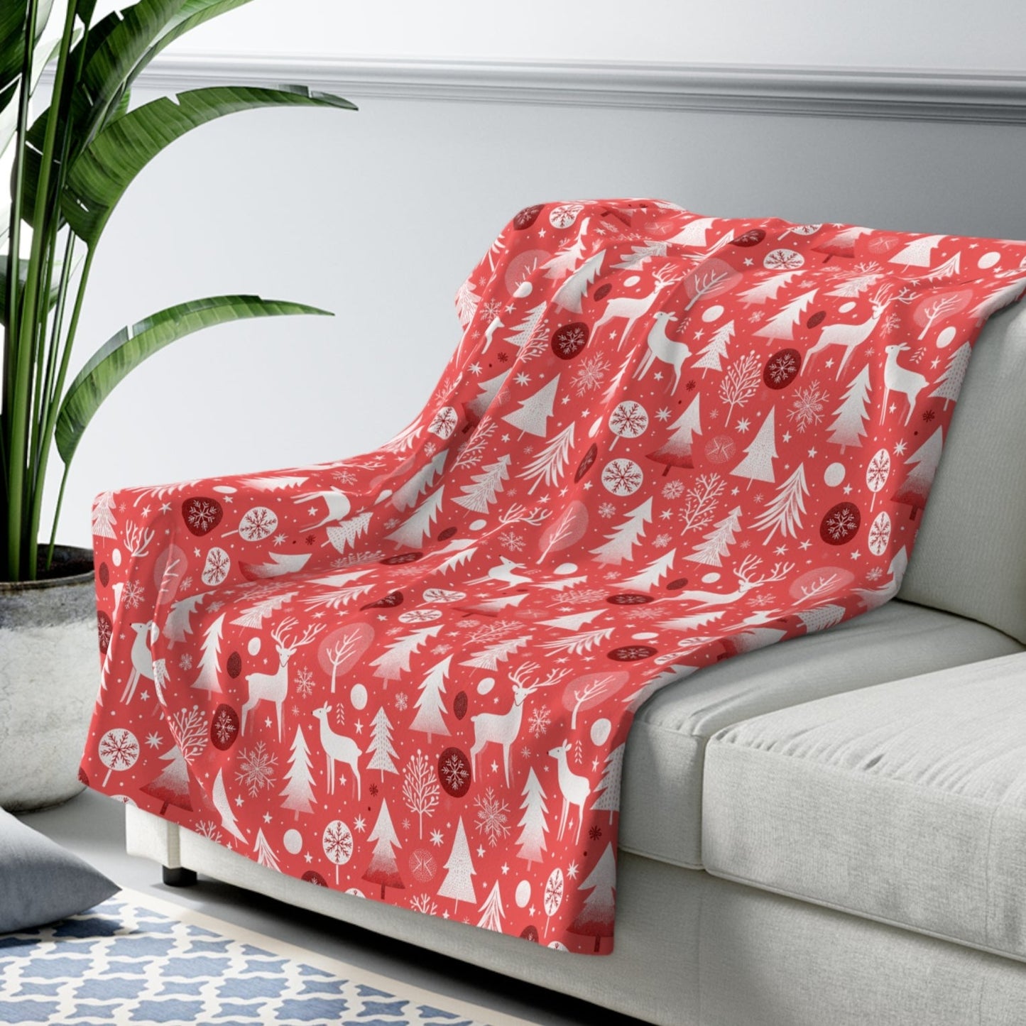 Warm Winter Sherpa Fleece Blanket, Red Throw Blanket, Deer, Trees, Snowflakes Winter Blanket 50" × 60" - HolidayShoppingFinds