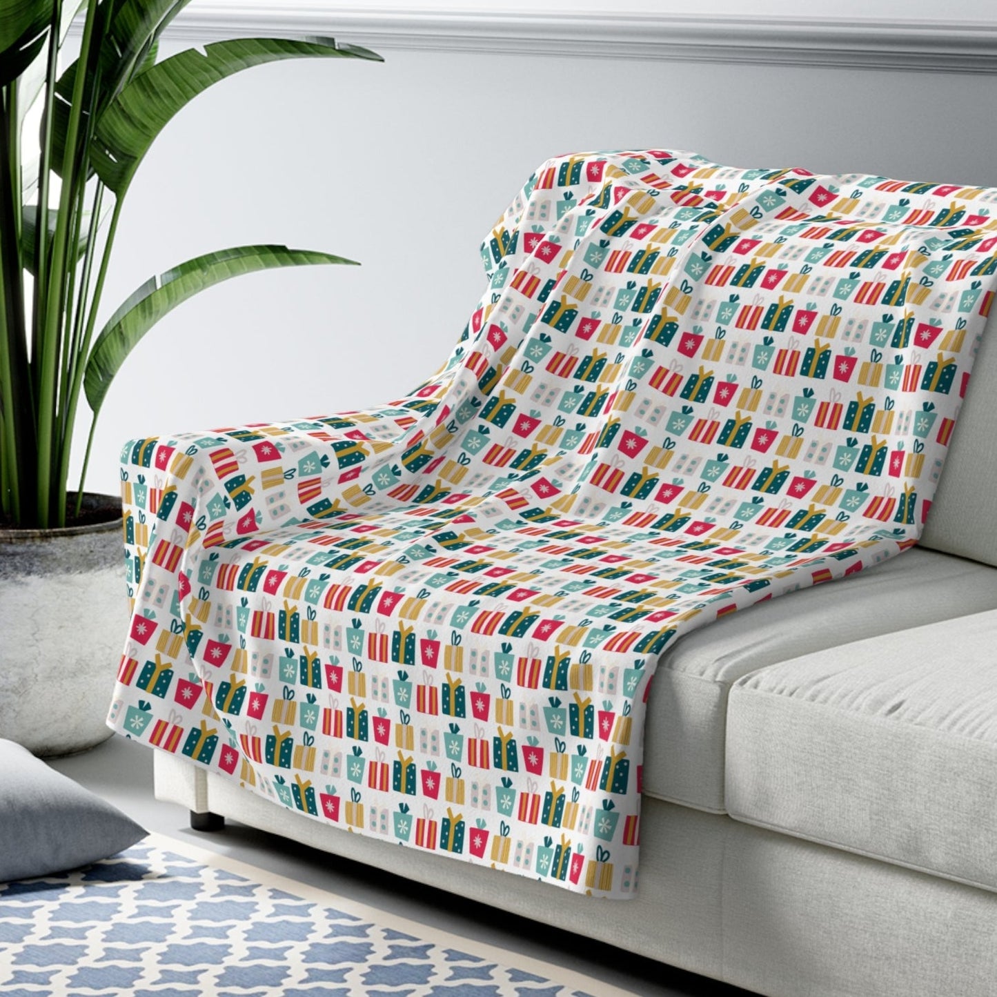 Gift Galore: Colorful Presents on White Sherpa Fleece Blanket 50" × 60" - HolidayShoppingFinds