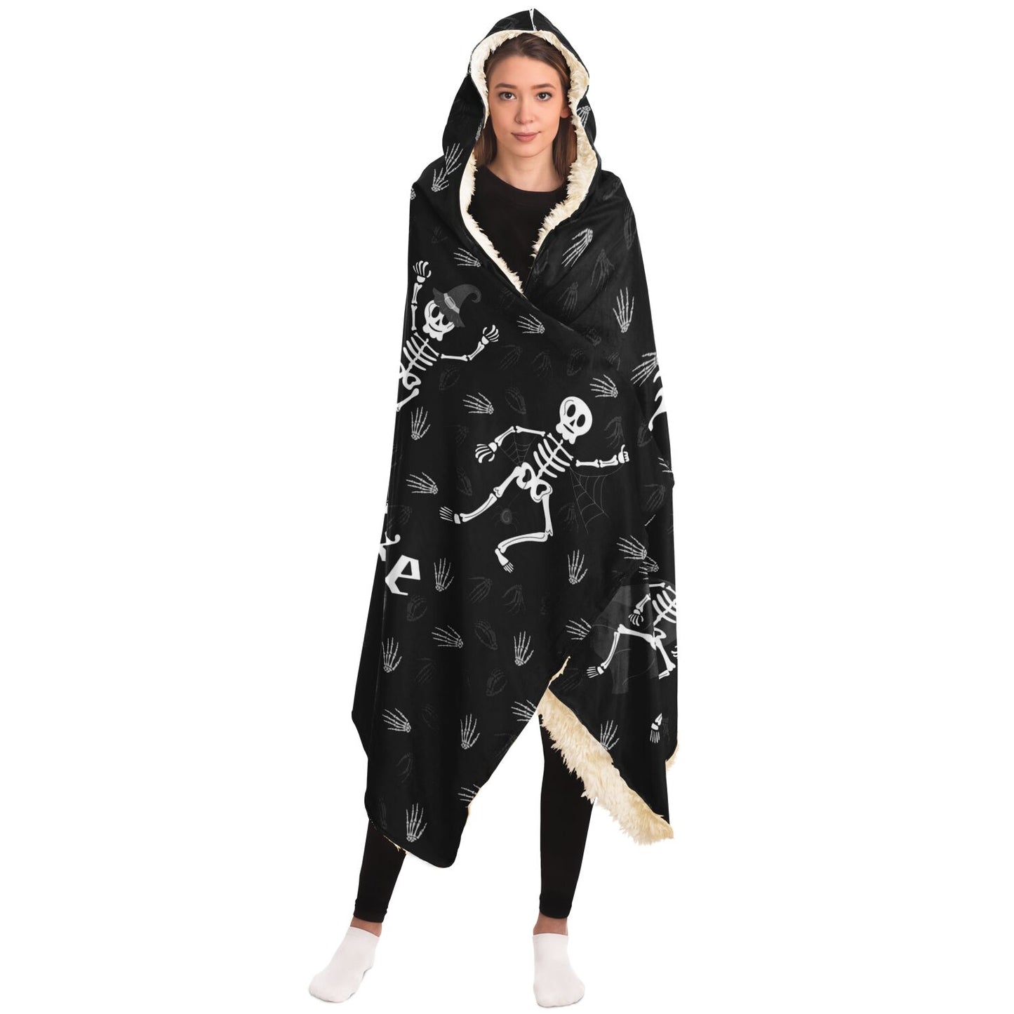 Halloween Happy Haunted House Spooky Skeletons over Bones Pattern Hooded Blanket - HolidayShoppingFinds