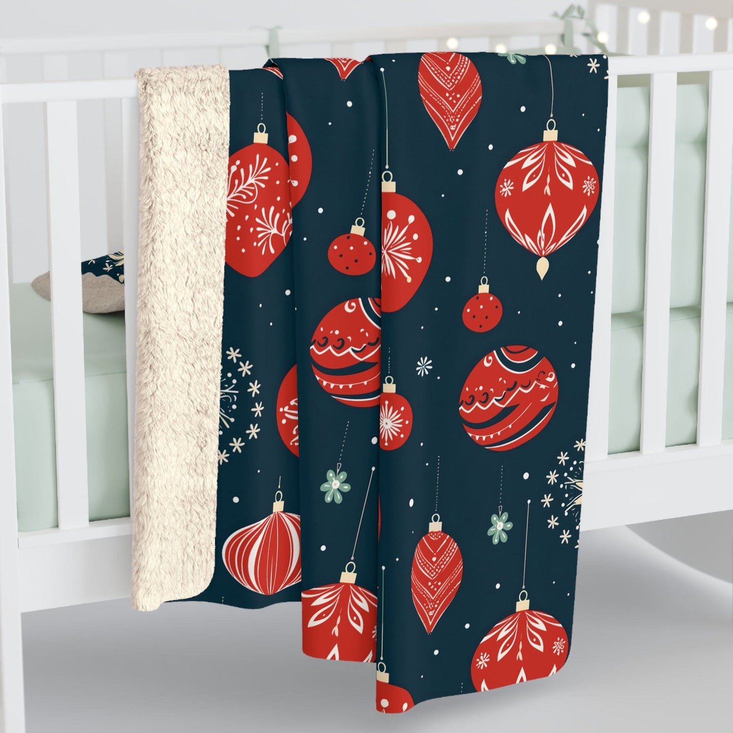 Christmas Ornaments Blanket, Winter Holiday Red Festive Sherpa Fleece Blanket, Cozy Throw Blanket, Holiday Gift - HolidayShoppingFinds