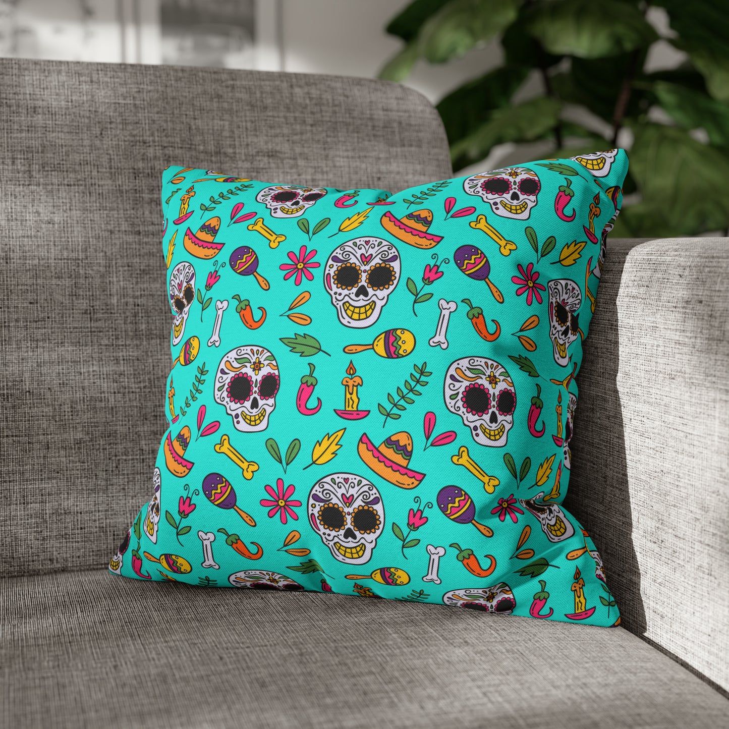 Sugar Skull Pillowcase, Day of the Dead Pillow Cover, Dia de Los Muertos Pillow, Halloween Pillow, Turquoise Decorative Square Pillow 16" × 16" - HolidayShoppingFinds