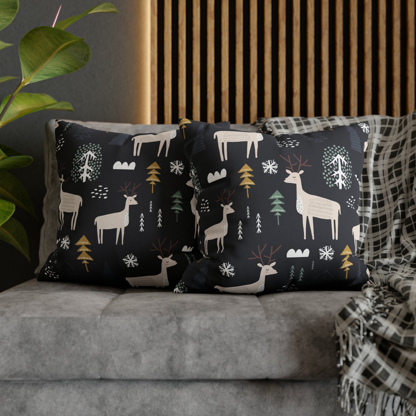 Winter Reindeer & Golden Trees Pillowcase, Holiday Cushion Throw, Seasonal Pillow Cover, Holiday Gift - HolidayShoppingFinds