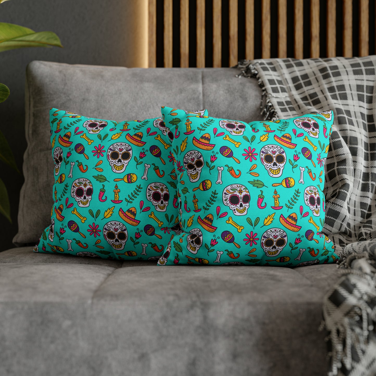 Sugar Skull Pillowcase, Day of the Dead Pillow Cover, Dia de Los Muertos Pillow, Halloween Pillow, Turquoise Decorative Square Pillow - HolidayShoppingFinds