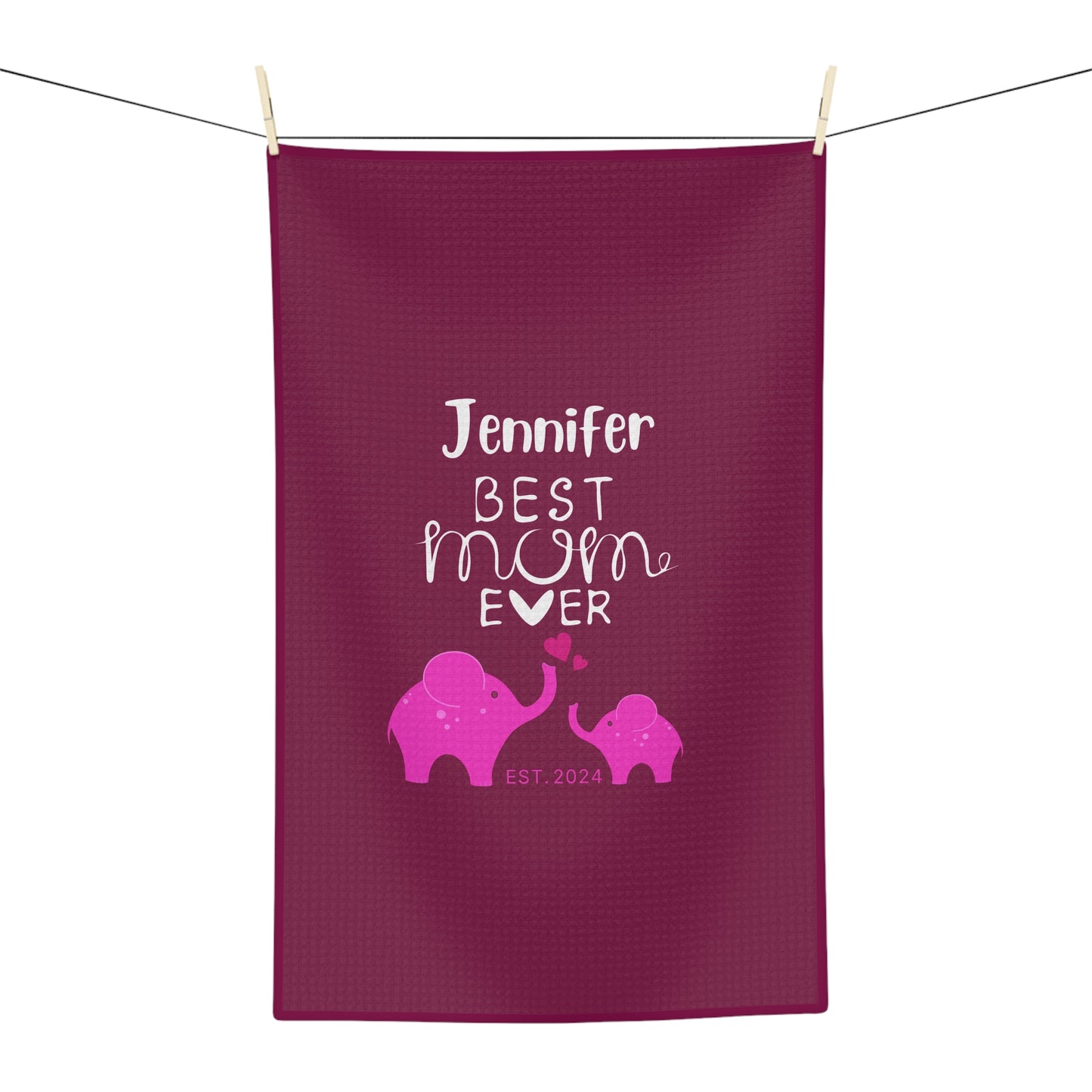 Personalized Best Mom Ever Kitchen Towel Pink, Mom Gift, Baby Elephants Towel - HolidayShoppingFinds
