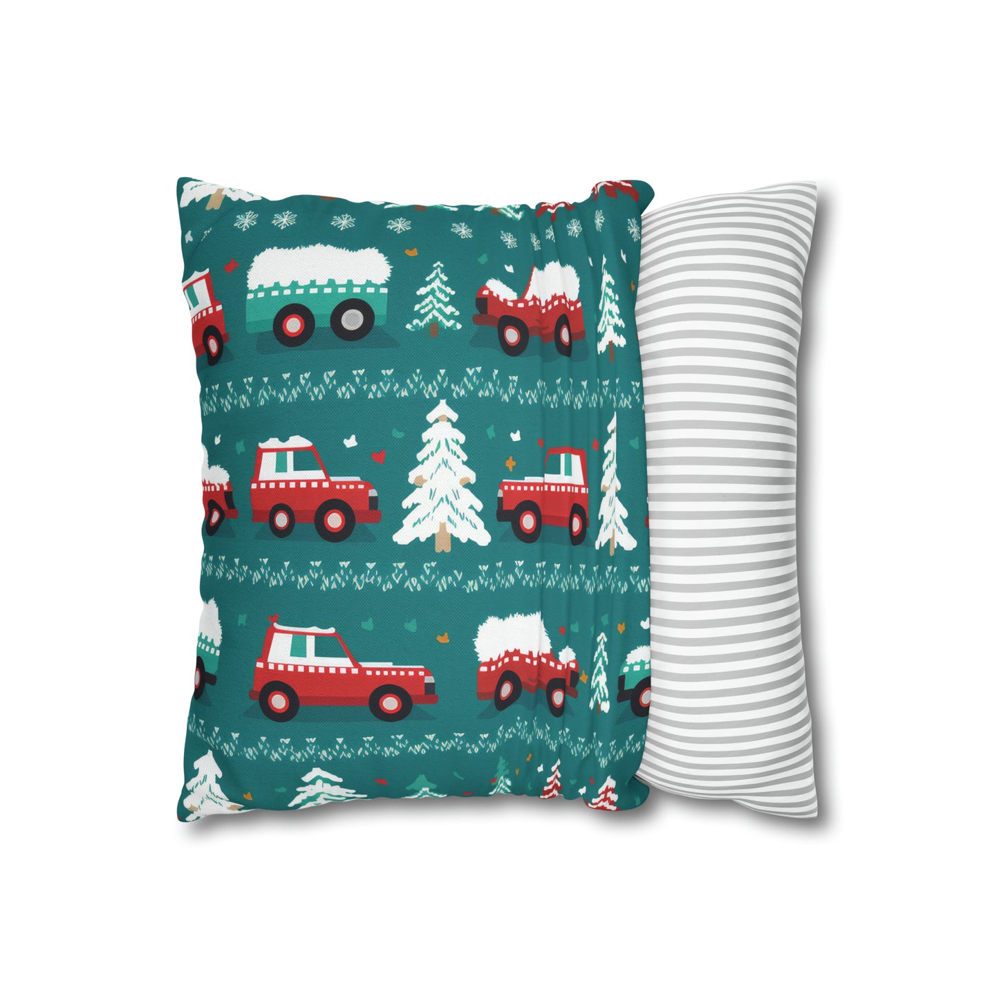 Winter Roadtrip Pillowcase, Snowy Car Teal Pillow Case Cover Vehicle-Themed Cushion Throw - HolidayShoppingFinds