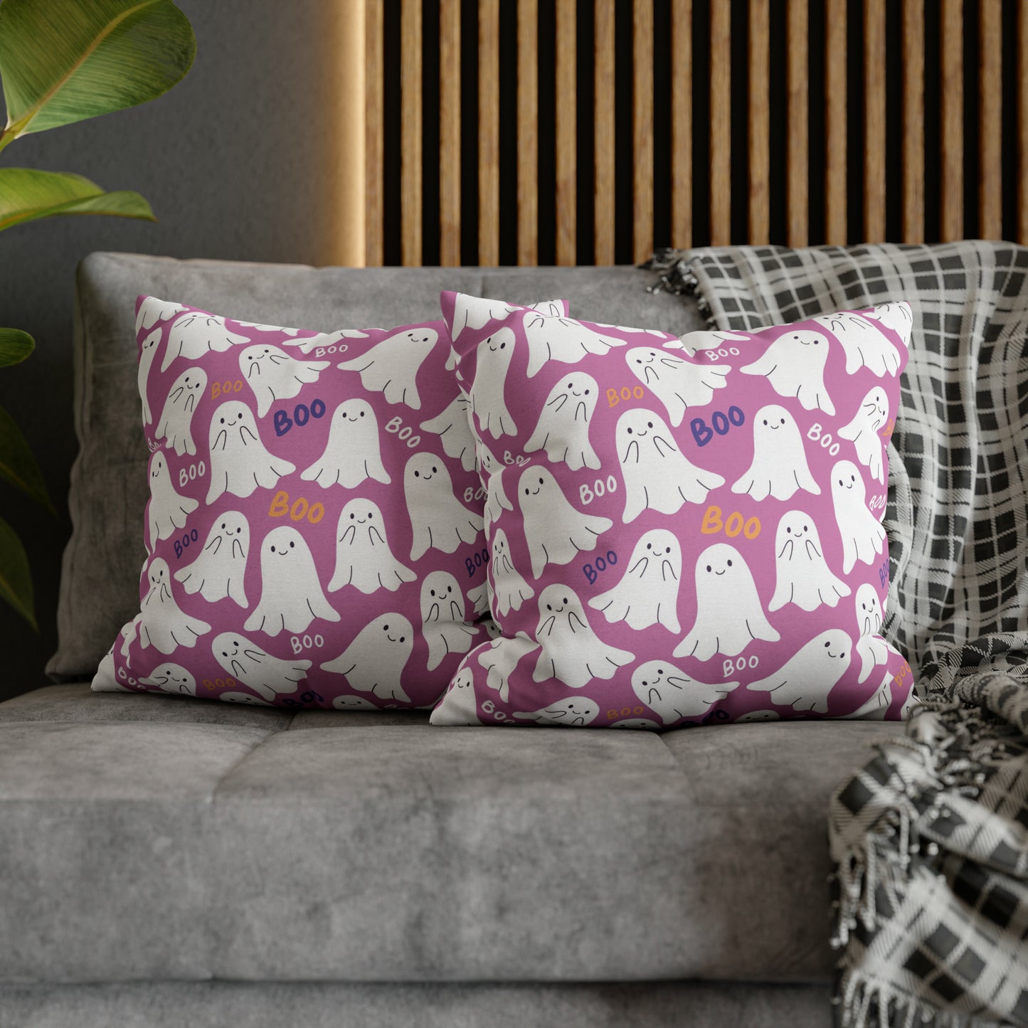 BOO Ghost Decorative Pillowcase Halloween Spooky Ghost Pillow Cover, Pink Square Pillow, 2-Sided Pillow Cover 18" × 18" - HolidayShoppingFinds