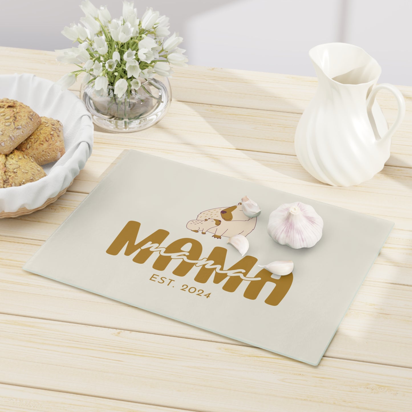 Personalized Mama Capybara Glass Cutting Board Beige, Gift For Moms - HolidayShoppingFinds