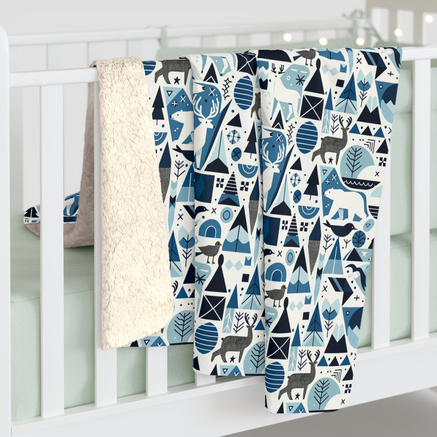Frozen Forrest Sherpa Fleece Blanket, Abstract Blue Blanket with Bears, Deers, Birds, Trees - HolidayShoppingFinds